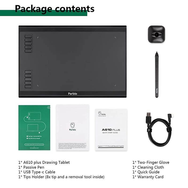 Drawing Tablet, 8192 Pressure Sensitivity with Battery-Free Stylus Graphic Tablet, Include A Pen Holder and 8 Extra Pen Tips( A610 Plus)