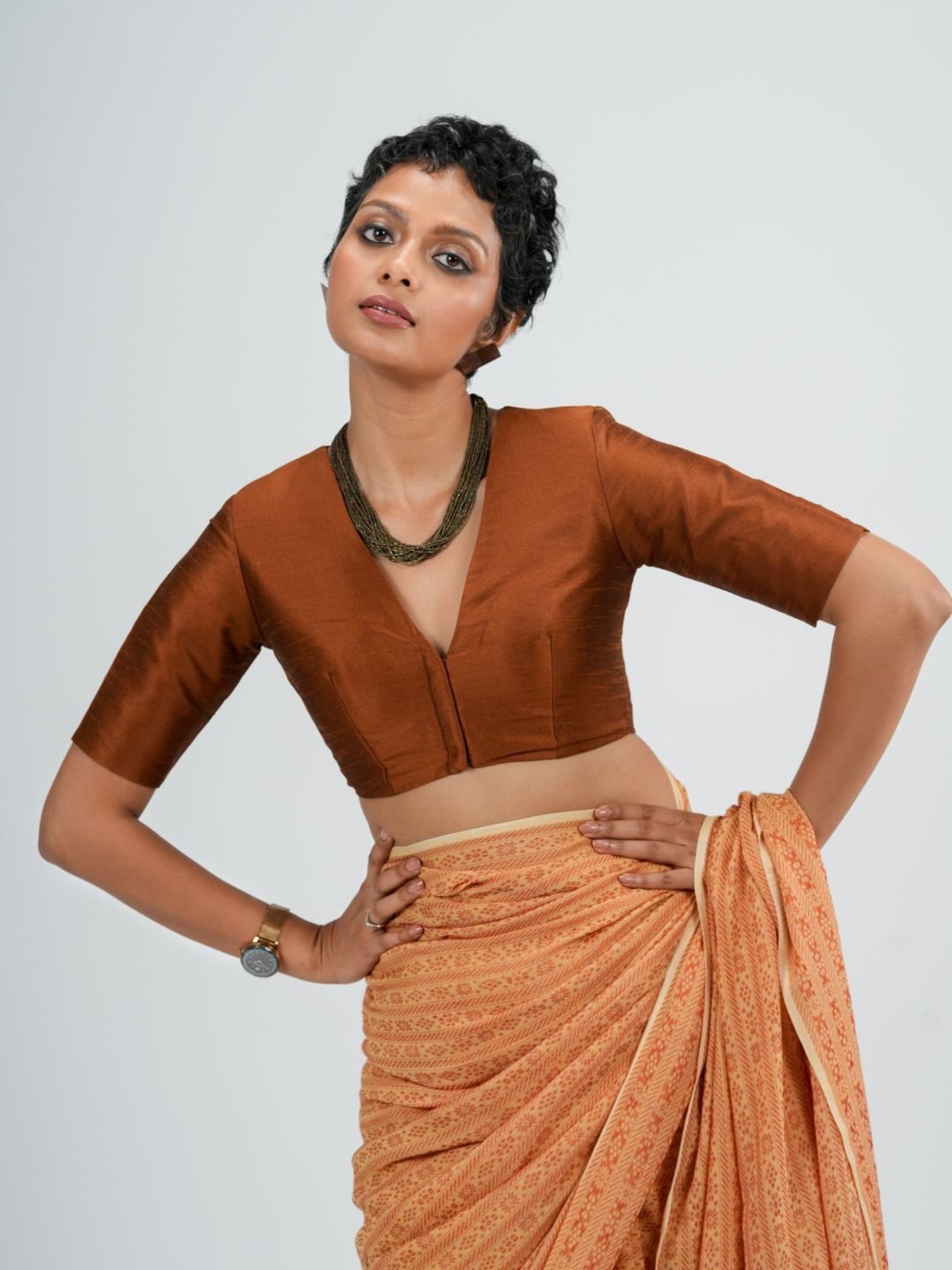 Suta Brown V-Neck Blouse