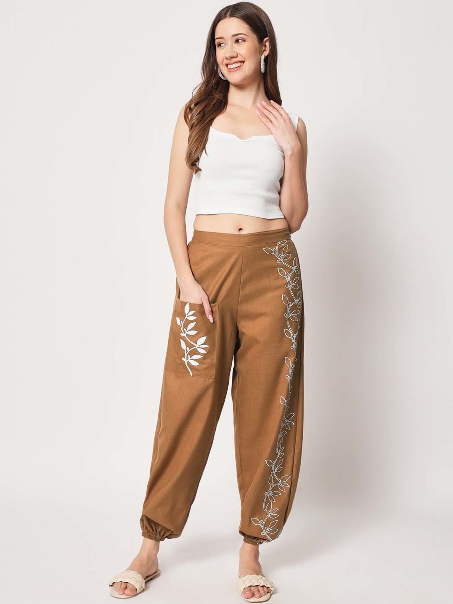 9rasa Brown Cotton Printed Trousers