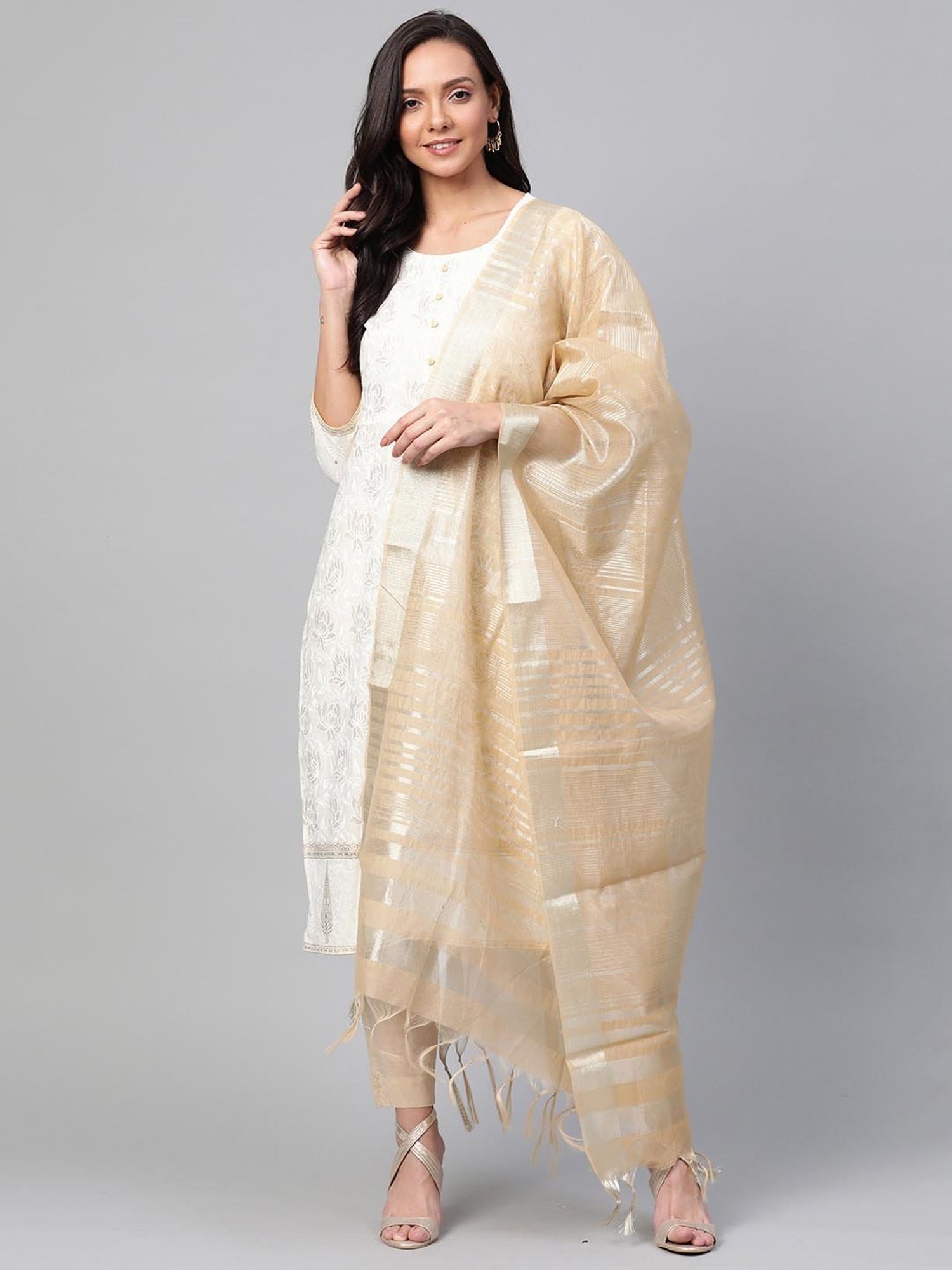 Indo Era Beige Woven Dupatta