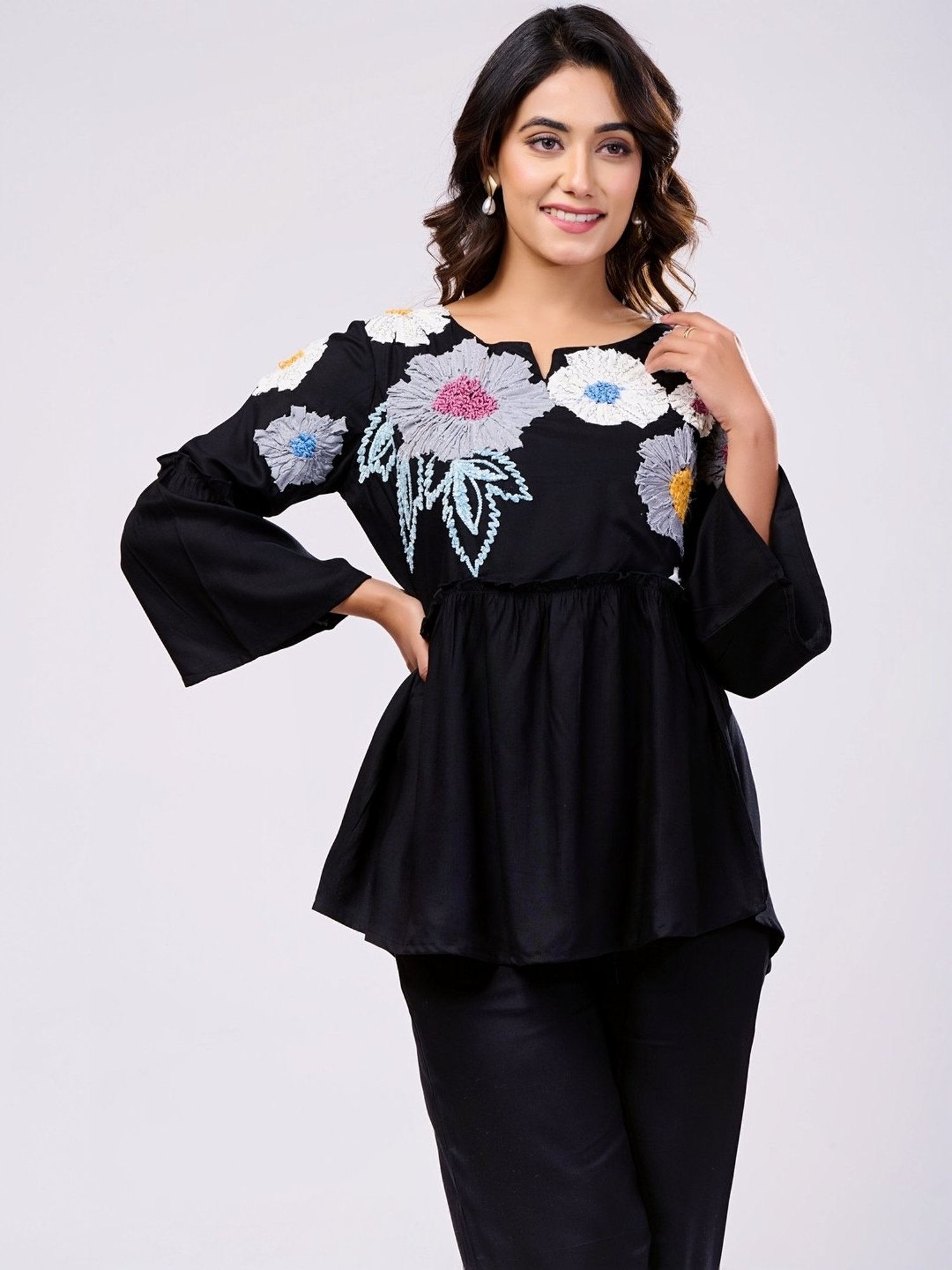 Zolo Label Black Cotton Embroidered Top Pant Set