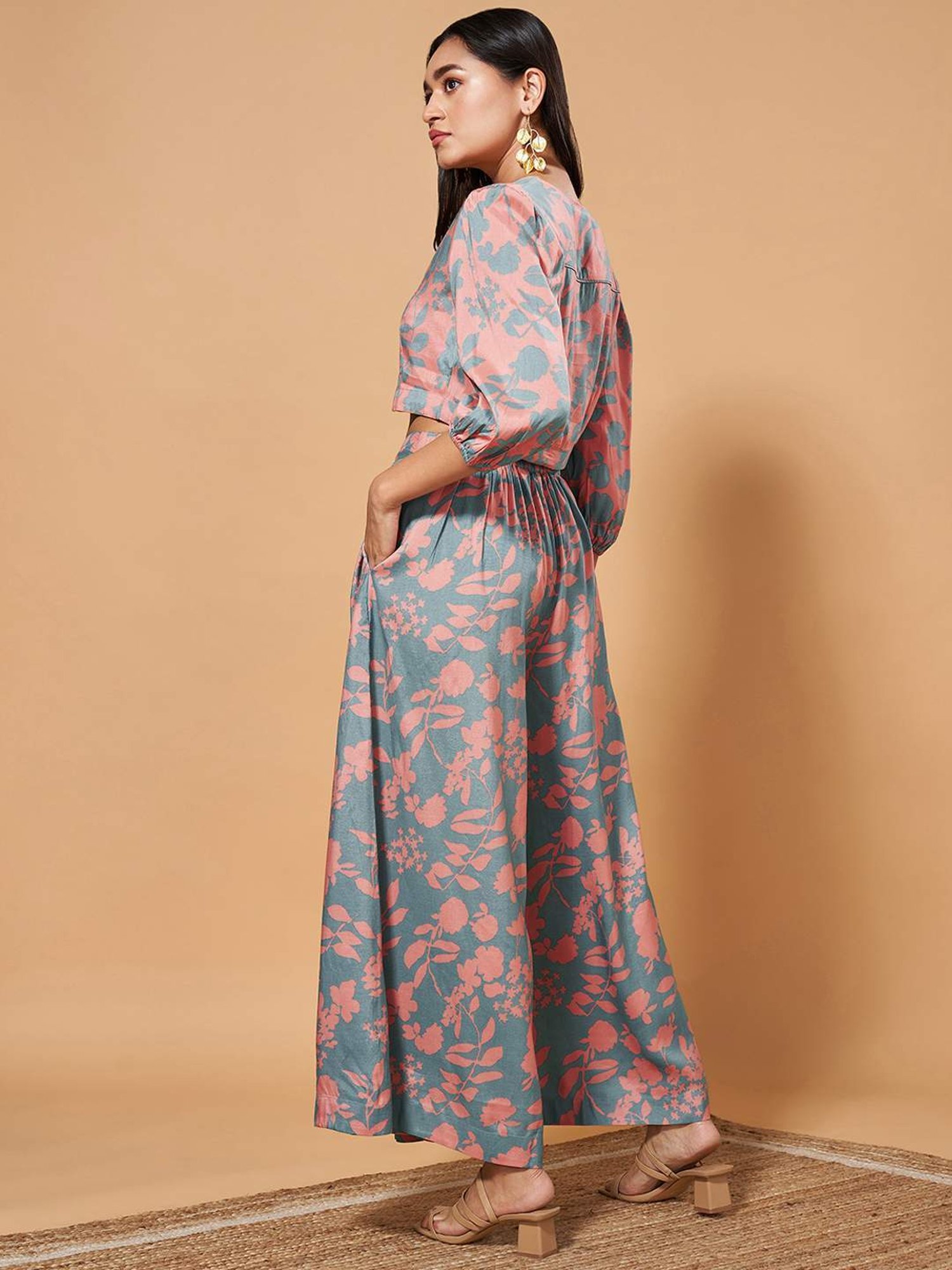 Marigold Lane Blue Printed Crop Top Palazzo Set