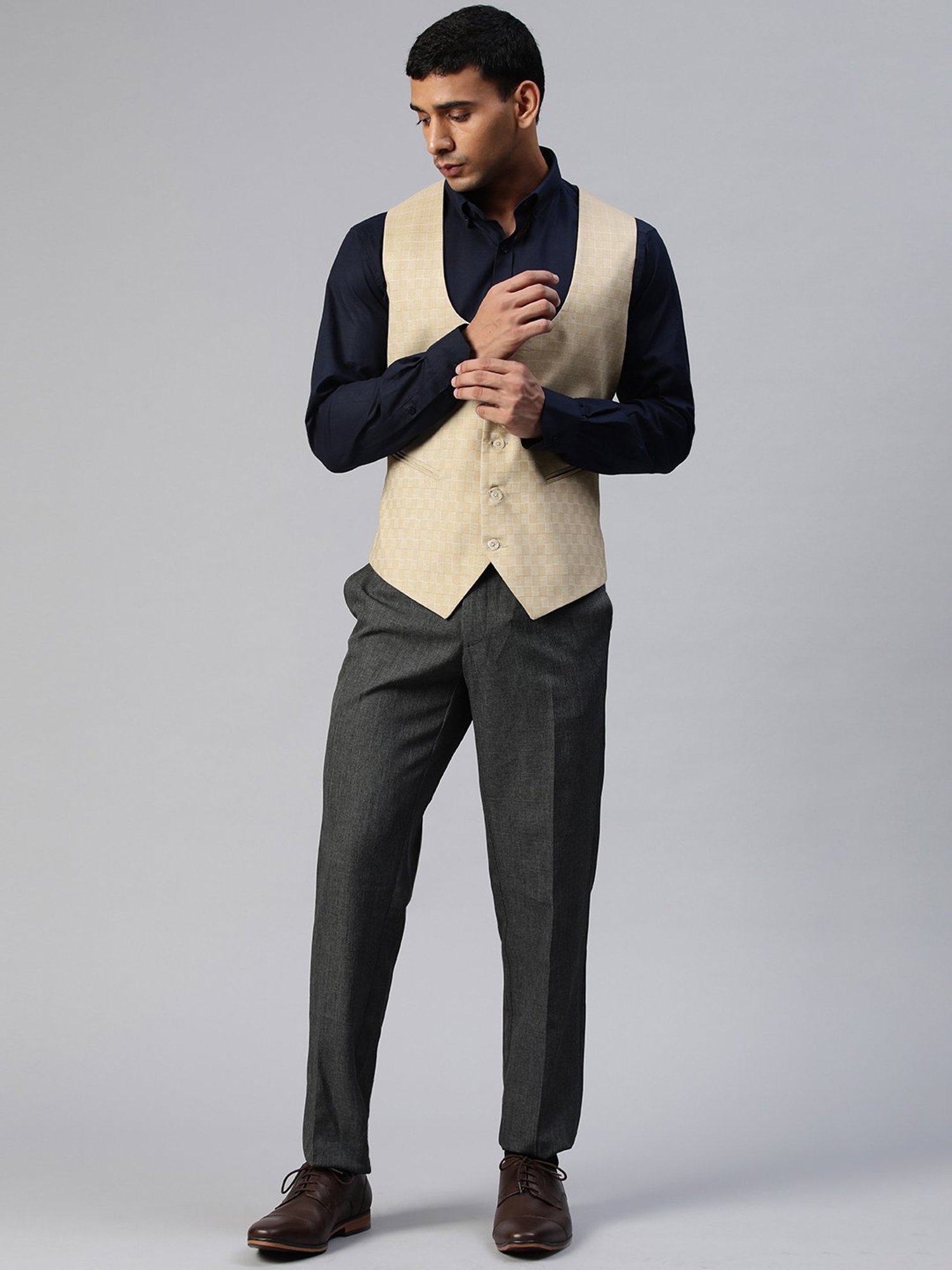 ManQ Beige Sleeveless Scoop Neck Waistcoat