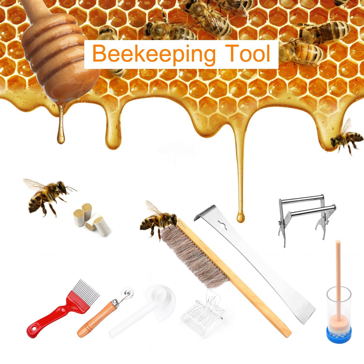 9-Piece Beekeeping Tool Kit Bee Rearing Equipment Includes 1 Bee Repellent Tool 1 Bee Hive Frame Grip 1 Brush 1 Water Feeder