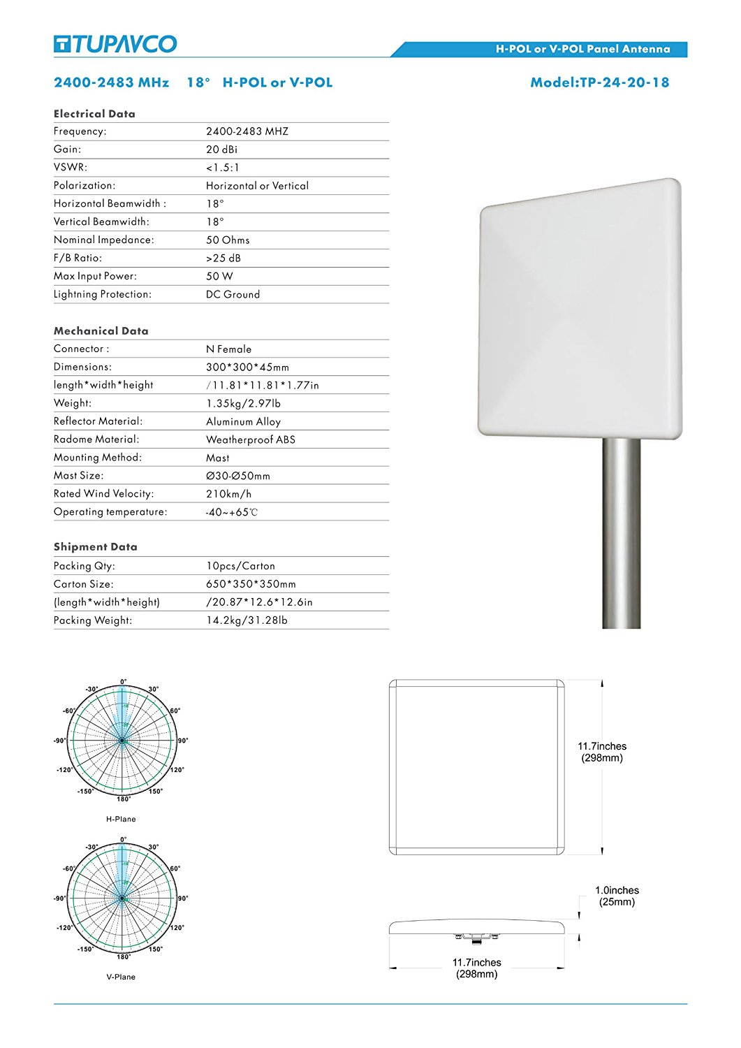 Panel WiFi Antenna -Tupavco TP511 - 2.4GHz WiFi 20dBi Wireless Outdoor 18A&deg; Directional N (f) High Gain Range