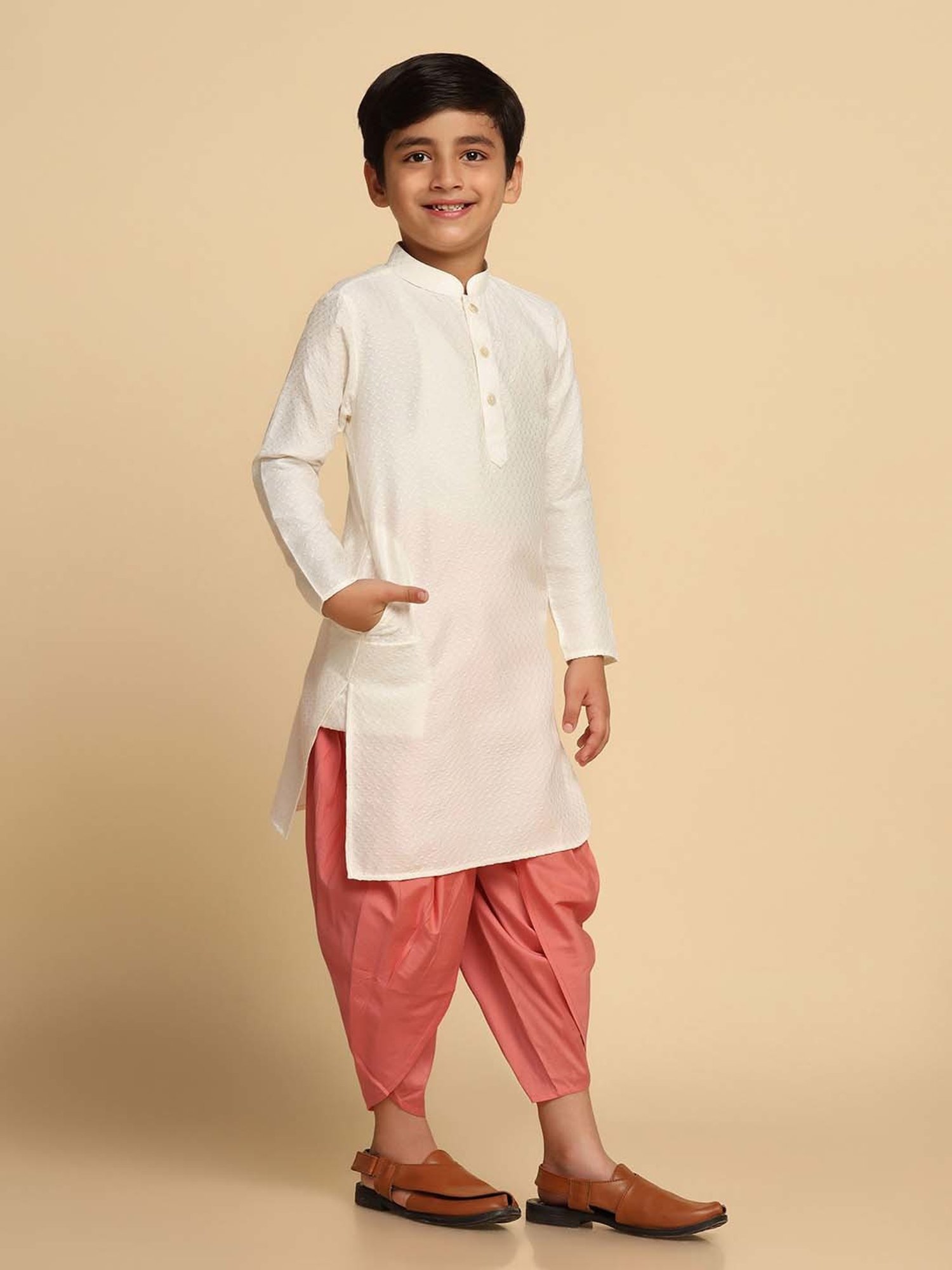 KISAH Kids White & Baby Pink Self Pattern Full Sleeves Kurta Set