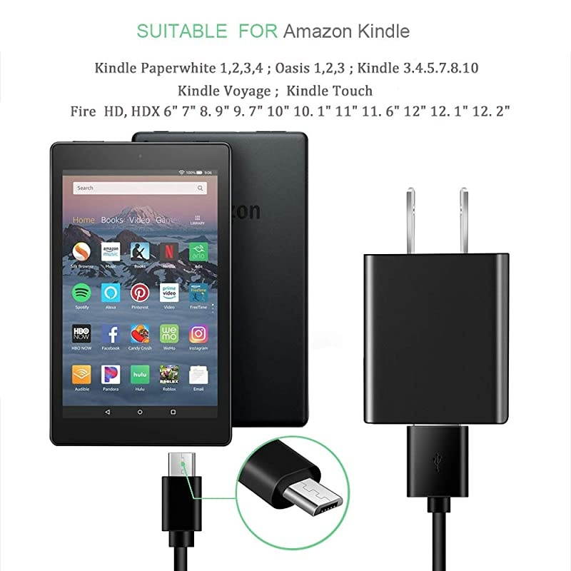 Pack-Kindle USB Charger, AC Power Supply Charger Compatible for Kindle E-Reader,Oasis,Paperwhite,Voyage,Fire 6 7 8 8.9 10(5th-7th Gen),Kindle Fire HD,HDX and Kids Edition,with 5FT Charging Cable