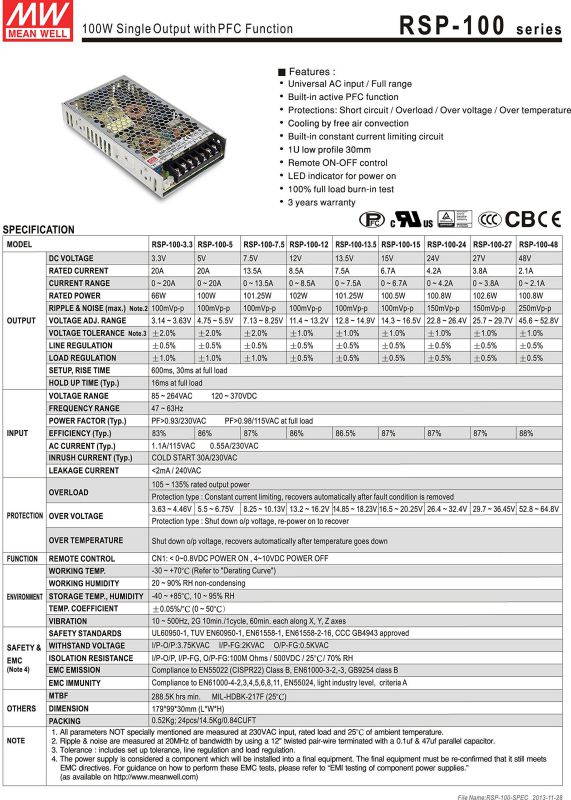 AC to DC Switching Enclosed Power Supply Single Output with PFC Function 5 Volts 20 Amps 100 Watts