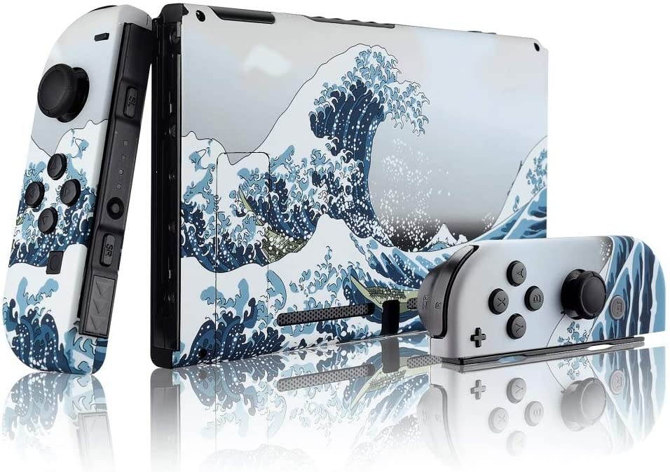 eXtremeRate Soft Touch Grip Back Plate for Nintendo Switch Console, NS Joycon Handheld Controller Housing with Full Set Buttons, DIY Replacement Shell for Nintendo Switch - The Great Wave