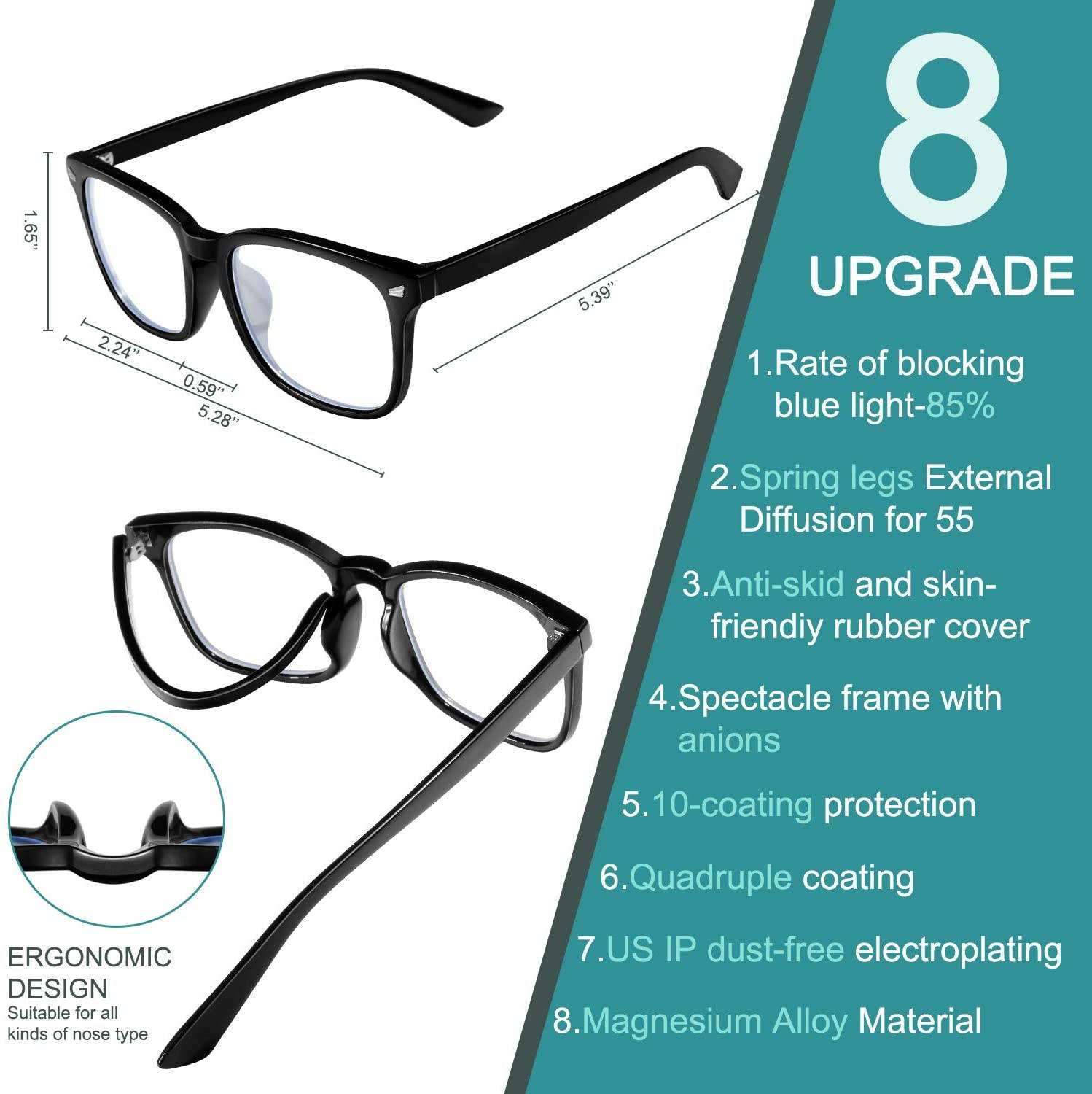 Blue Light Blocking Glasses - Computer Game Glasses Square Eyeglasses Frame, Blue Light Blocker Glasses for Women Men, Anti Eye Eyestrain Reading Gaming Glasses Non Prescription