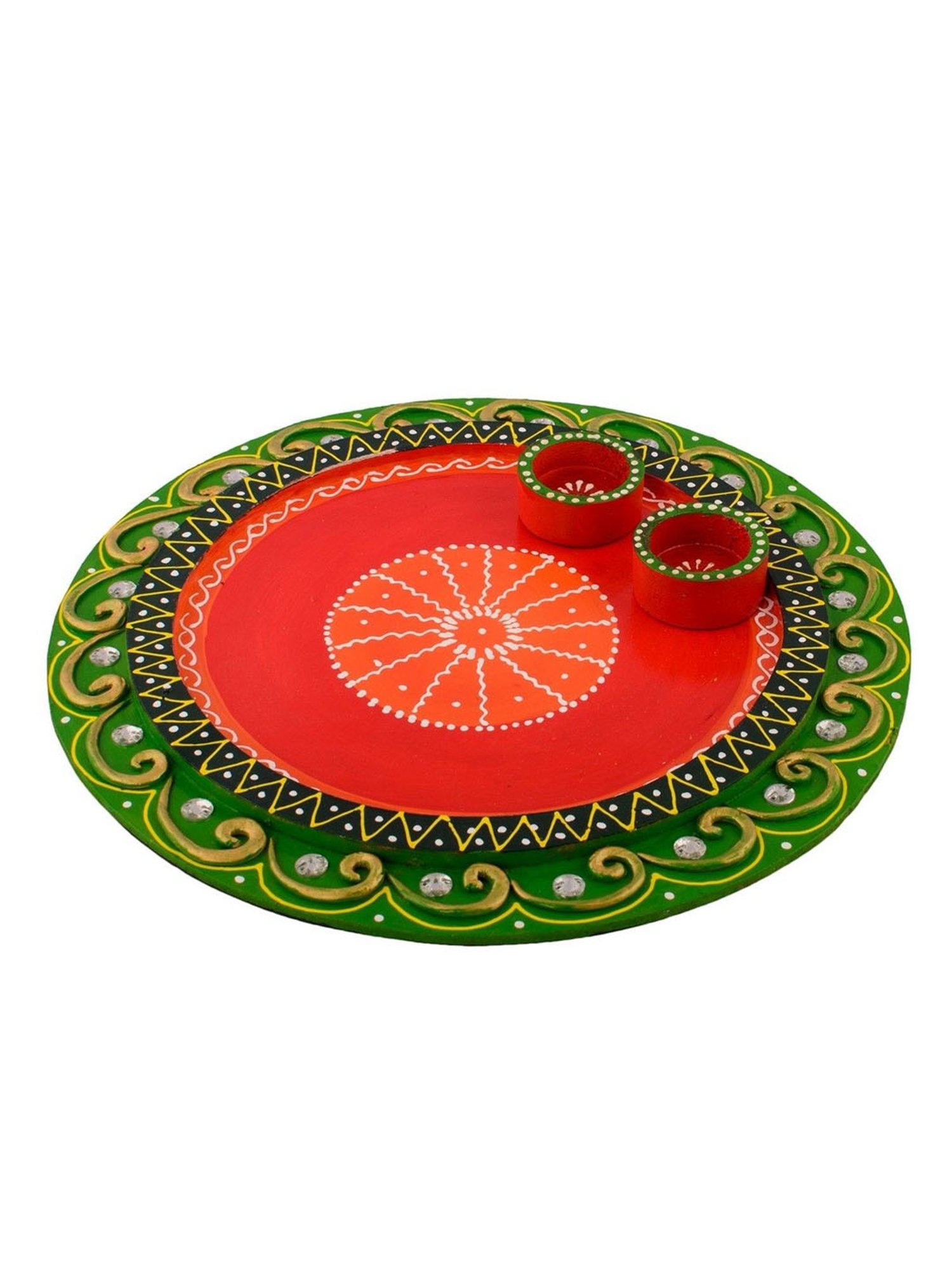 eCraftIndia Wooden Papier Mache Embossed Round Shape Pooja Thali
