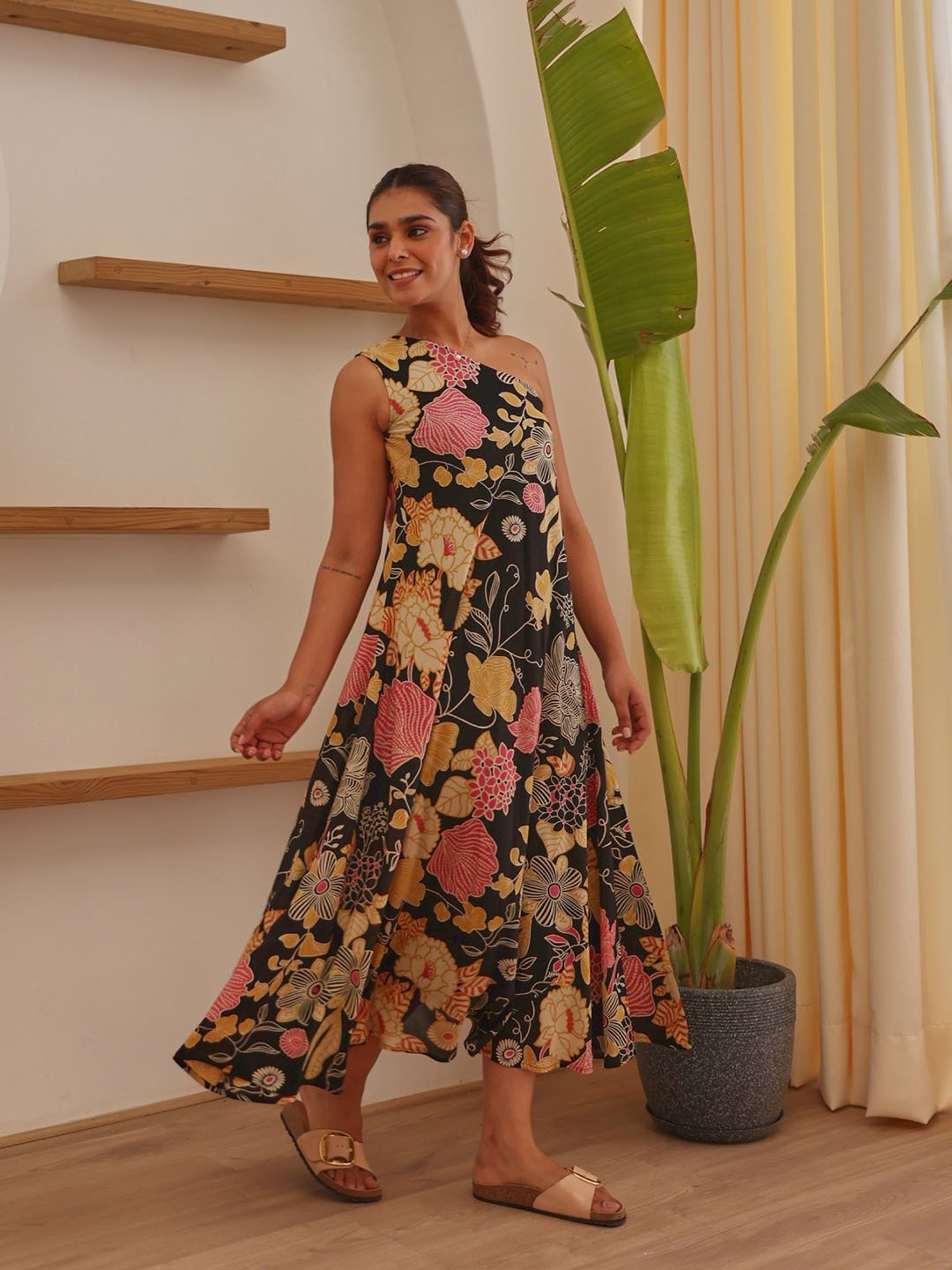 Saffron Threads Black Cotton Floral Print Ethnic Dress