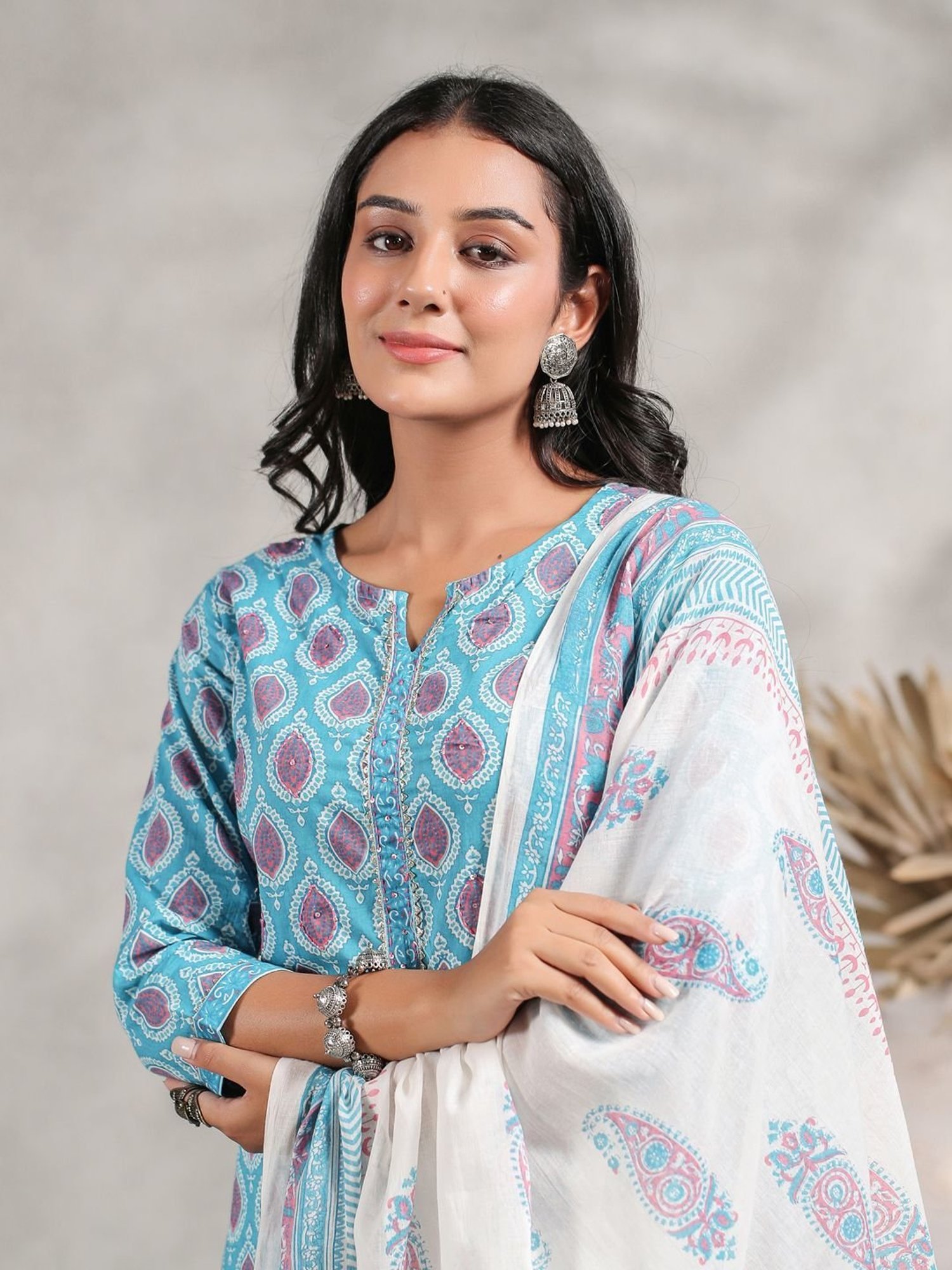 Anubhutee Turquoise Cotton Printed Kurta Pant Set With Dupatta