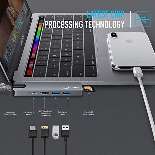 USB C Hub Adapter, 7 in 1 Thunderbolt 3 Type C Dongle for 2018/2017/2016 MacBook Pro with 4K HDMI, Gigabit Ethernet, 100W Power Delivery, SD Card Reader, USB 3.0 Ports (Grey)