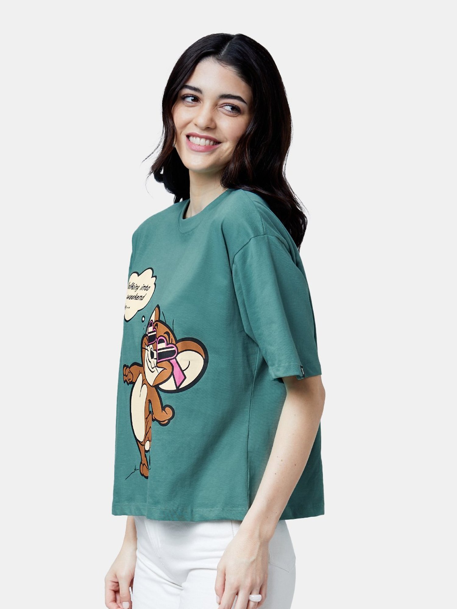 The Souled Store Green Tom And Jerry: Weekend Printed Oversized T-Shirt