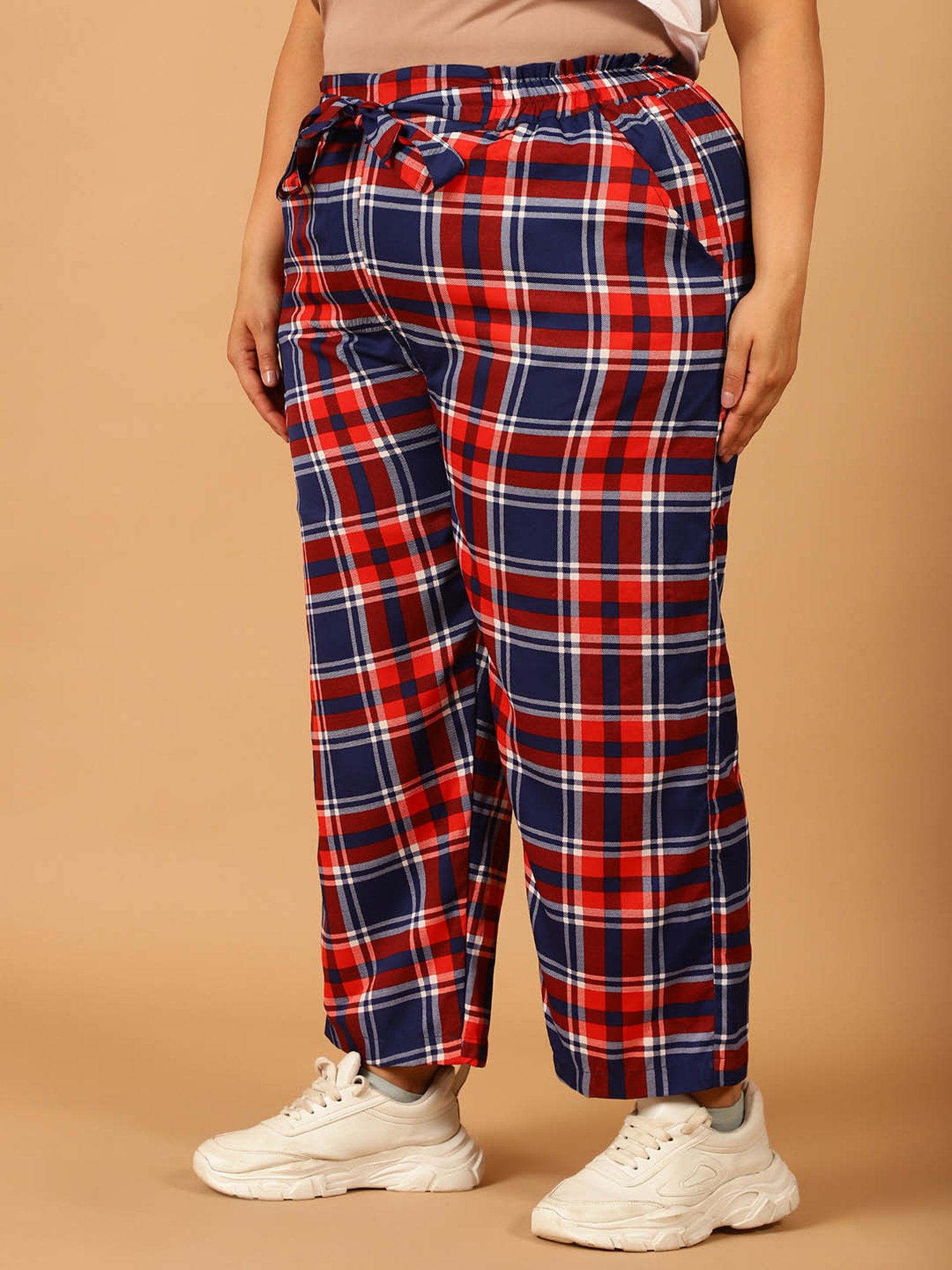 Moms Maternity Red & Blue Check Regular Fit Mid Rise Plus Size Trousers