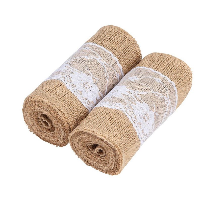 Genie Crafts 2-Pack Jute Burlap & Lace Ribbon Roll for Chair Sash Bow Knot Table Runner Decor, 5.3" x 3 Yards