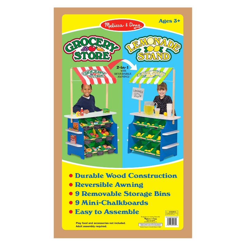 Melissa & Doug Wooden Grocery Store and Lemonade Stand - Reversible Awning, 9 Bins, Chalkboards