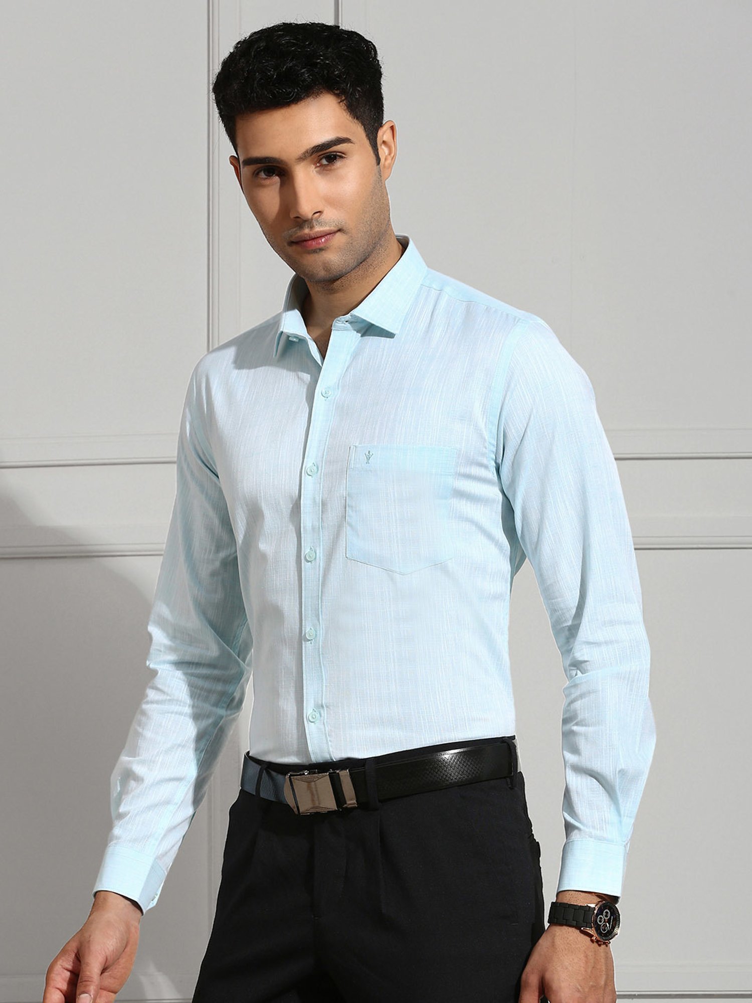 Ramraj Light Blue Regular Fit Textured Cotton Shirt