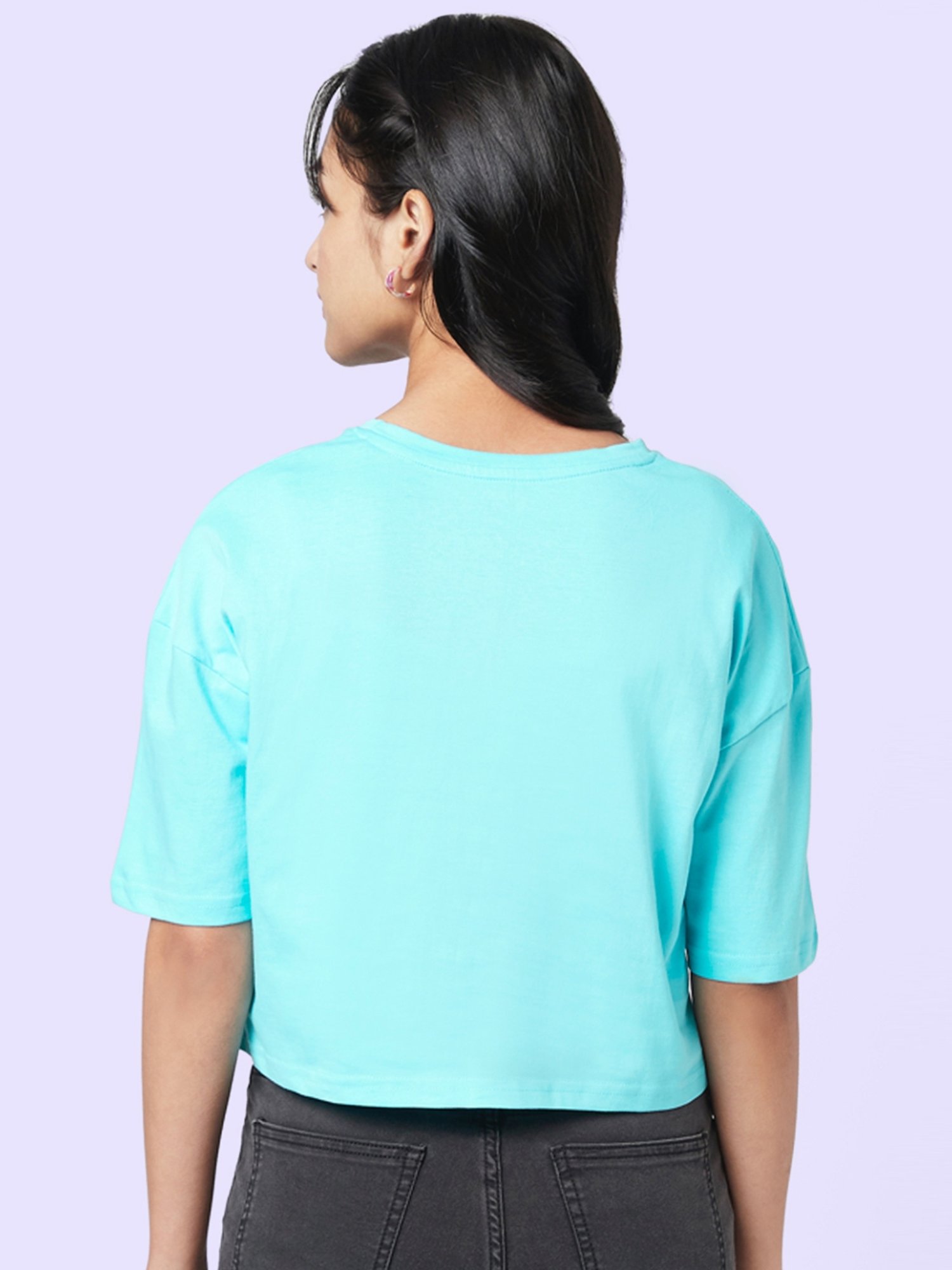 YU by Pantaloons Turquoise Cotton Graphic Print Top