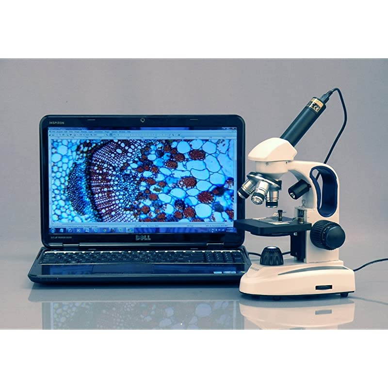 M158B-2L Cordless Compound Monocular Microscope, WF10x and WF20x Eyepieces, 40x-800x Magnification, Upper and Lower LED Illumination with Rheostat, Brightfield, Single-Lens Condenser, Coaxial Coarse