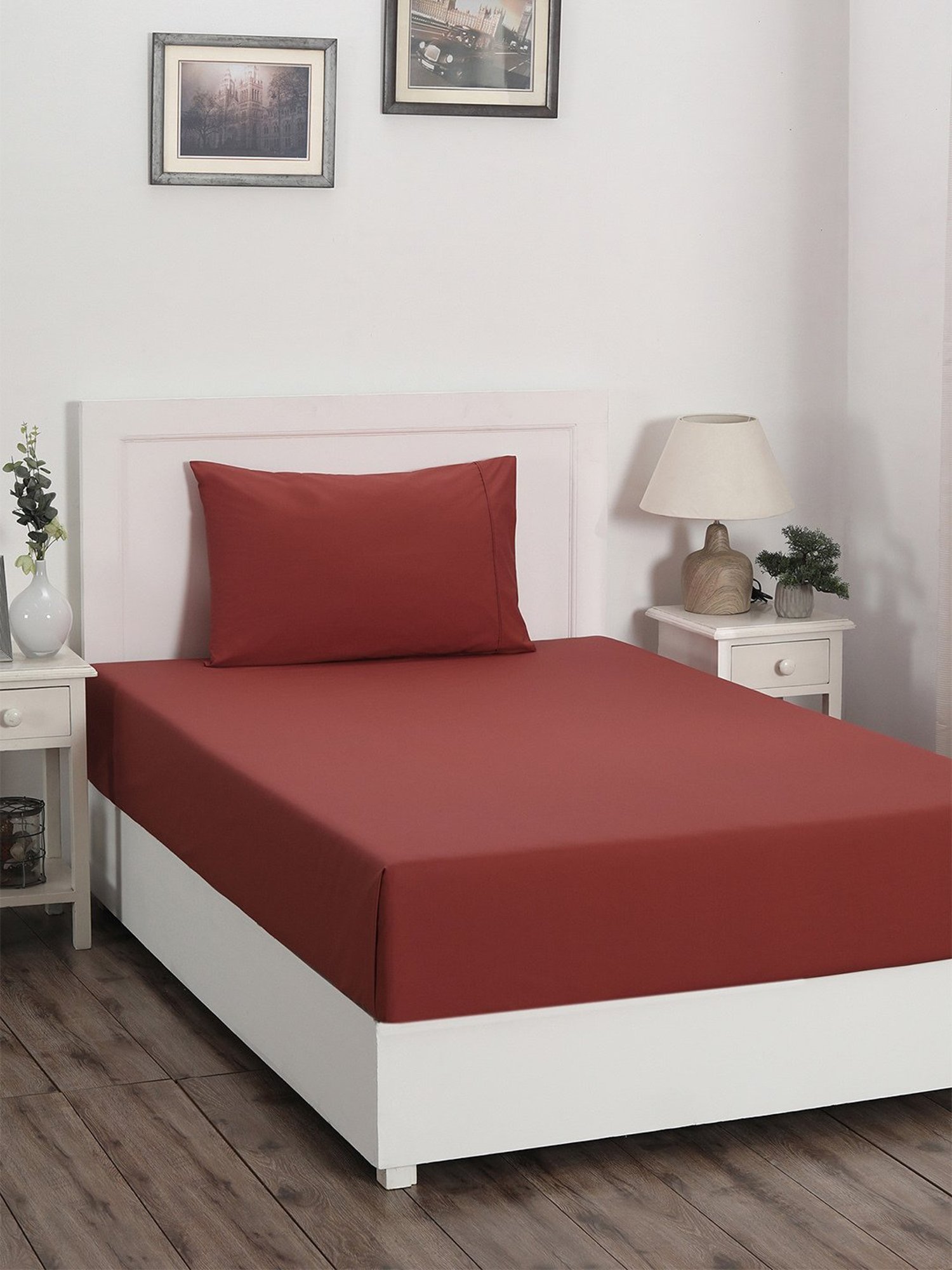 Maspar Colorart Slumber Red 200 TC Cotton Single Size Bed Sheet with 1 Pillow Cover