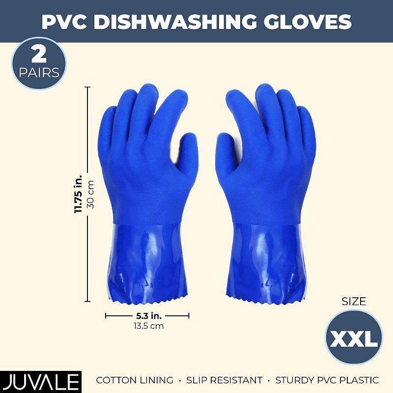 Juvale 2-Pair Reusable Blue Rubber Household Cleaning Gloves, Cotton Lined Dishwashing Kitchen Gloves (XX-Large)