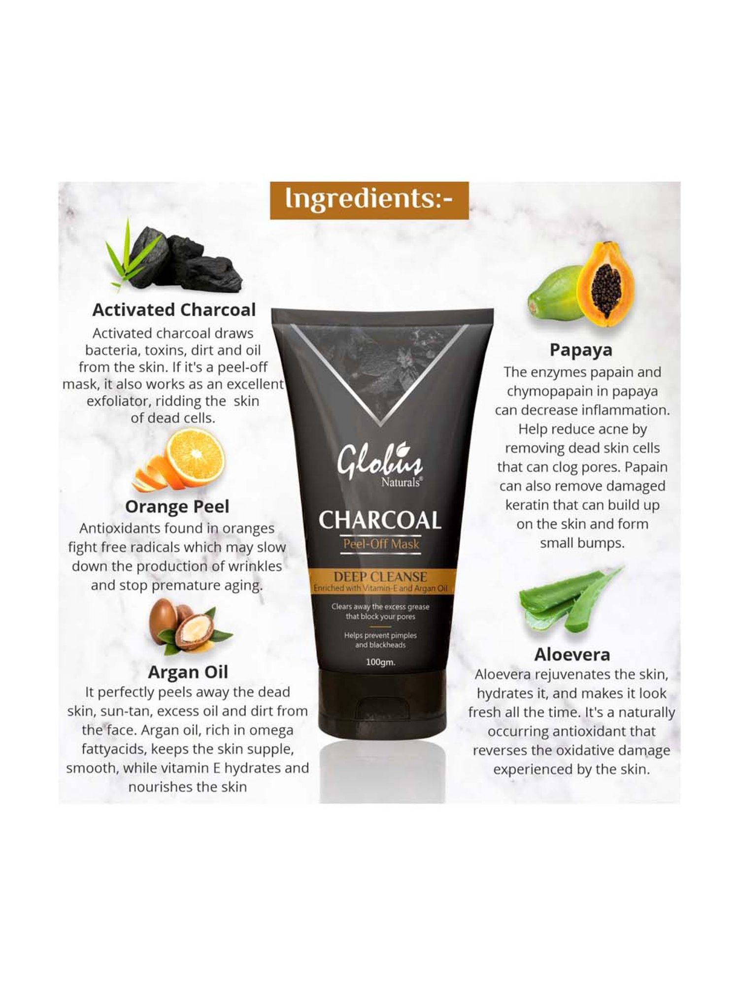 Globus Naturals Charcoal Peel Off Mask Enriched with Vitamin-e & Argan Oil - 100 gm