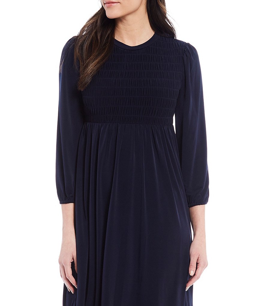 London Times Petite Size Long Sleeve Smocked Bodice Dress