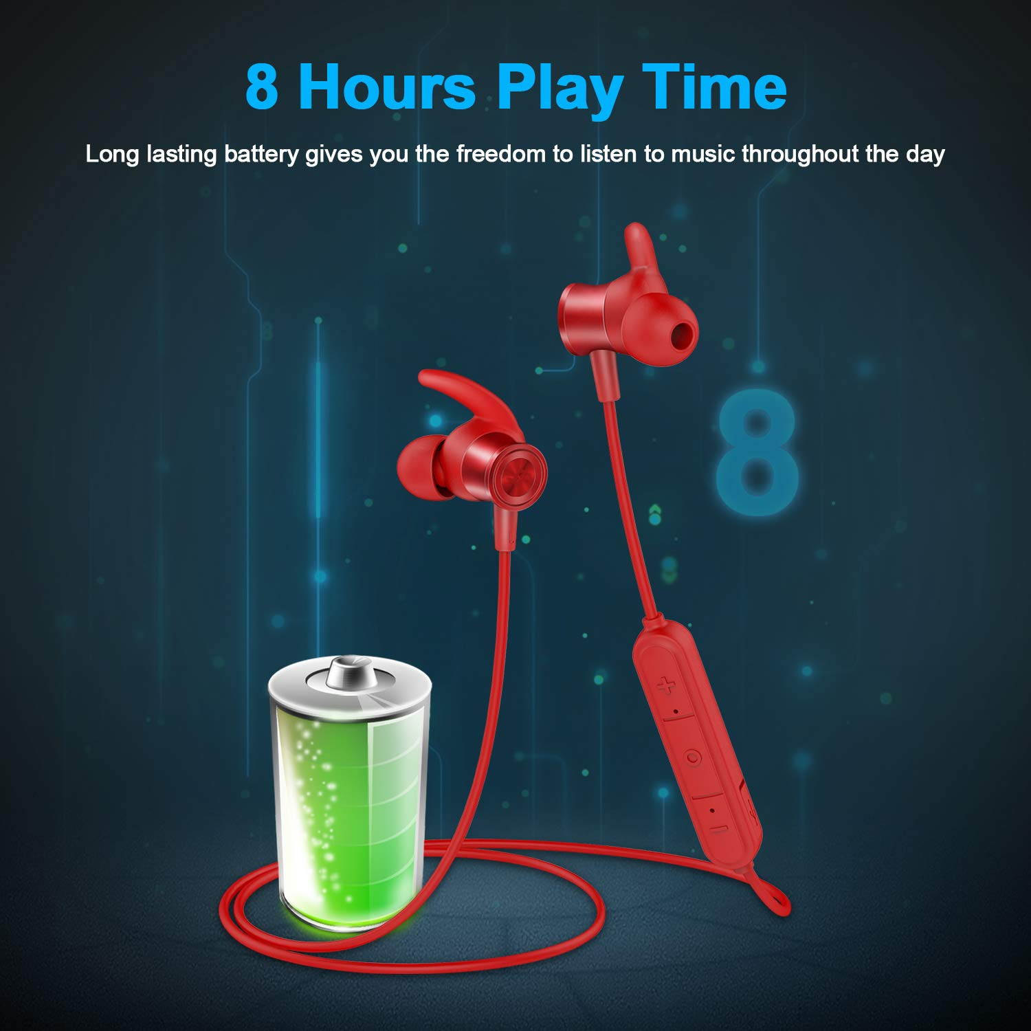 Bluetooth Headphones, Lightweight Wireless Earbuds with Magnetic Connection, IPX5 Water Resistant Bluetooth 5.0 Sports Earphones for Running, Built-in Mic, 8 Hrs Work Time Built-in magnets