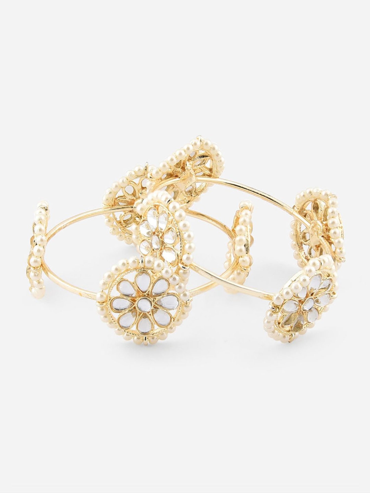 Fida Gold-Plated & White Kundan & Pearl Beaded Ethnic Traditional Bangles for Women - Set of 2