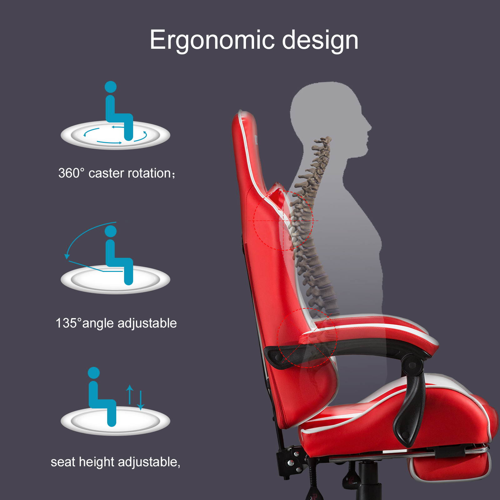 Goaic Gaming Chair PC Racing Game Chair Ergonomic 135&deg; Adjustable Reclining Office Chair with Footrest, High Back Office Desk Computer Chair with Headrest and Lumbar Pillow Support (White/Red)
