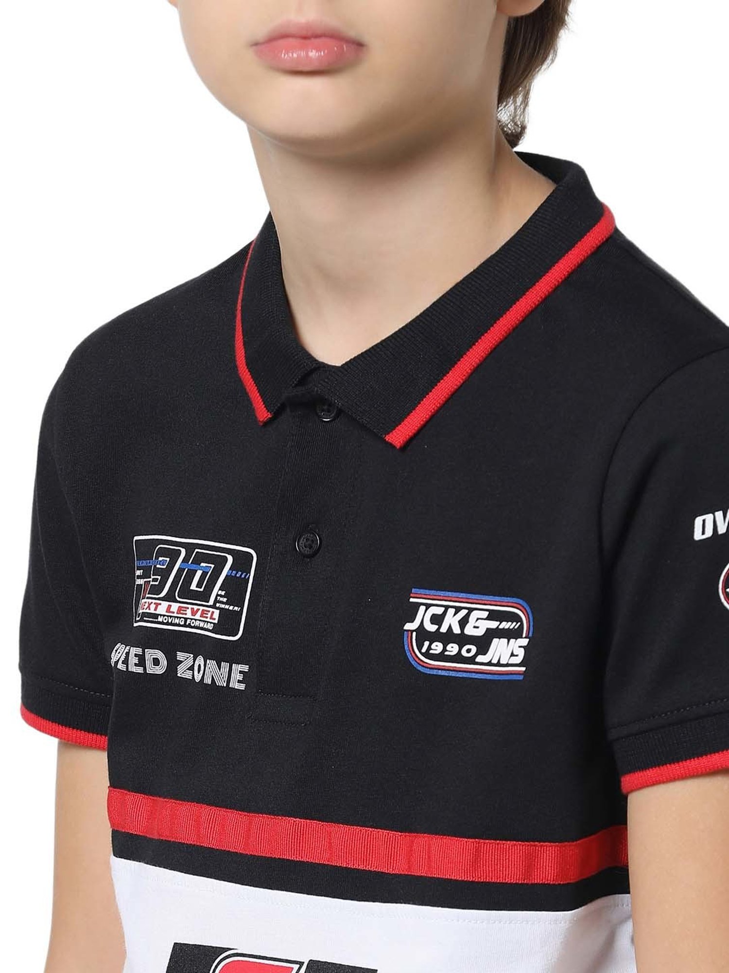 Jack & Jones Junior Jet Black & White Cotton Color Block Polo T-Shirt