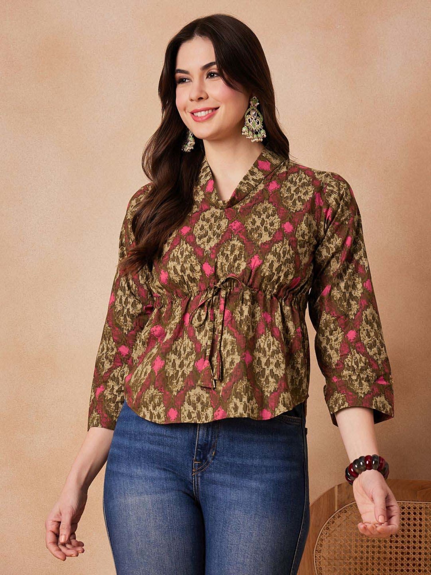 Inweave Olive Green & Pink Cotton Printed Top