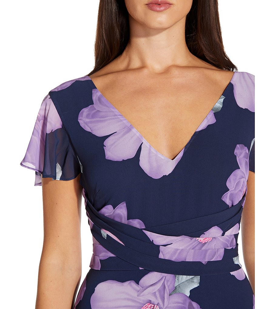 Adrianna Papell Floral Printed Chiffon Tie Waist Midi Dress