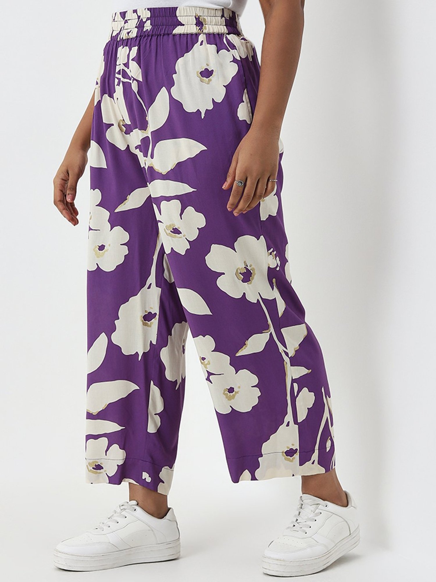 Diza by Westside Purple Floral Design Mid-Rise Cotton Ethnic Pants