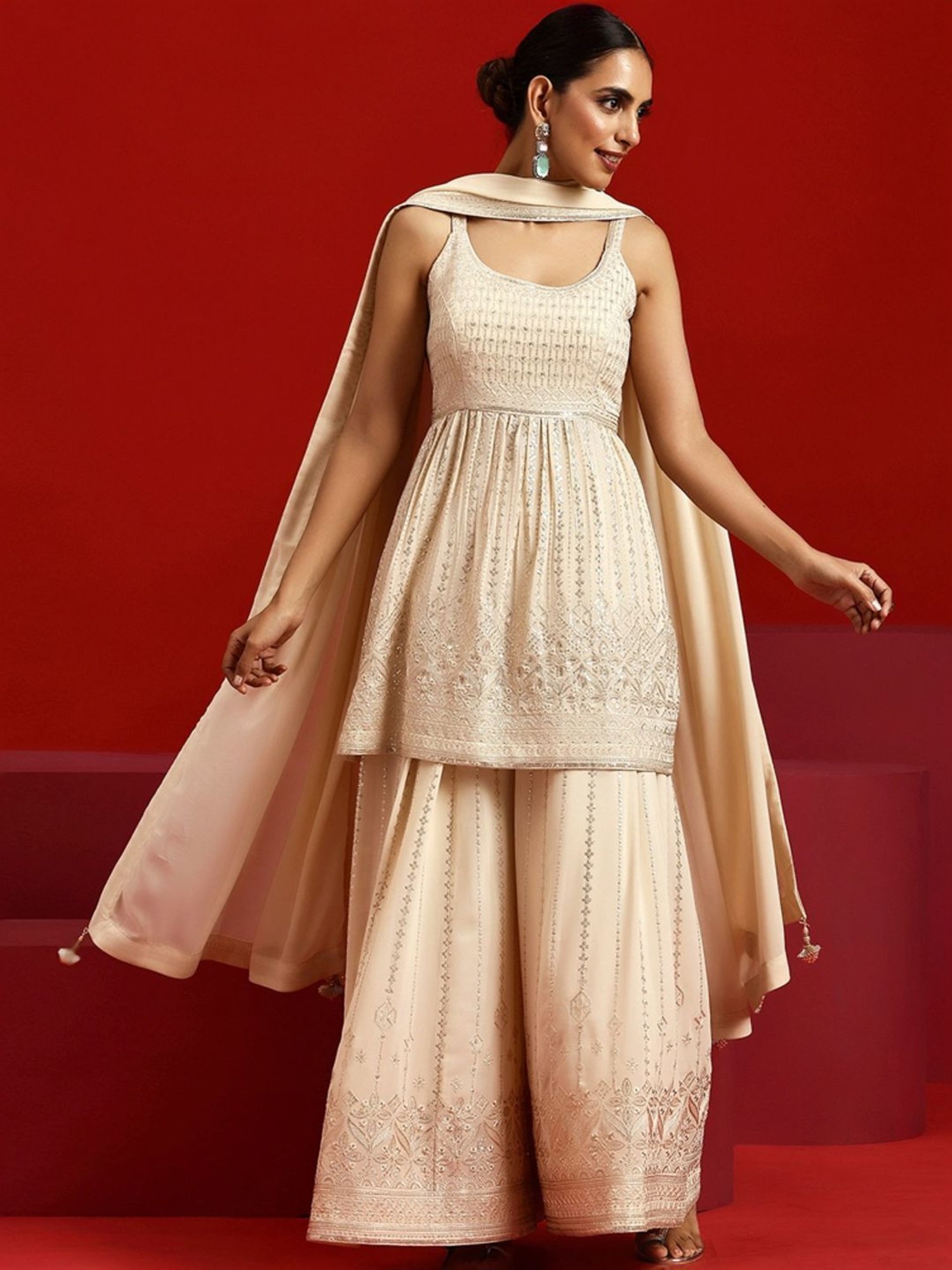 Libas Art Beige Embroidered Kurti Palazzo Set With Dupatta