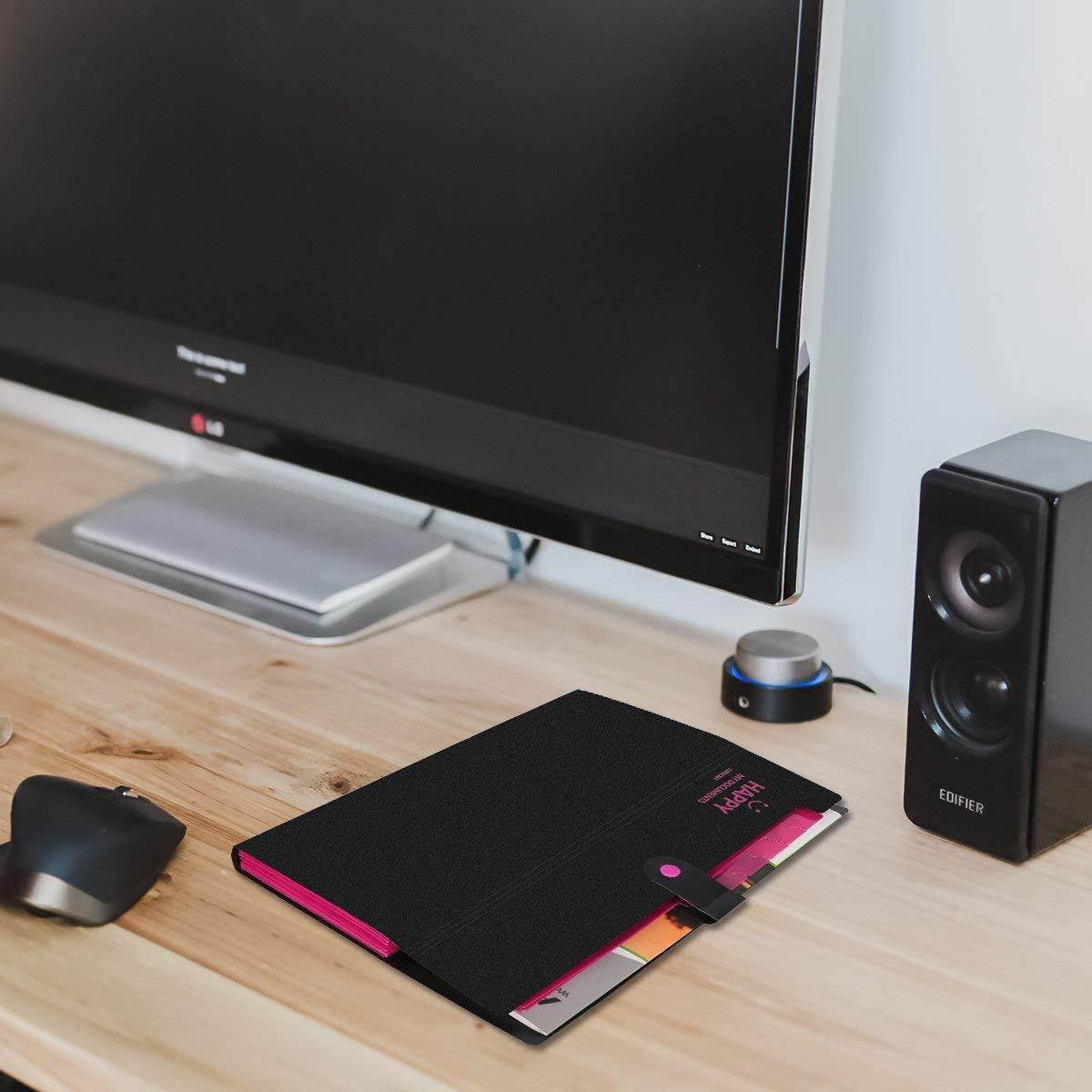 Yigou Expanding File Folder 12 Pockets with Snap Button, Portable Accordion Office Document Organizer Letter A4 Paper Size [Black]