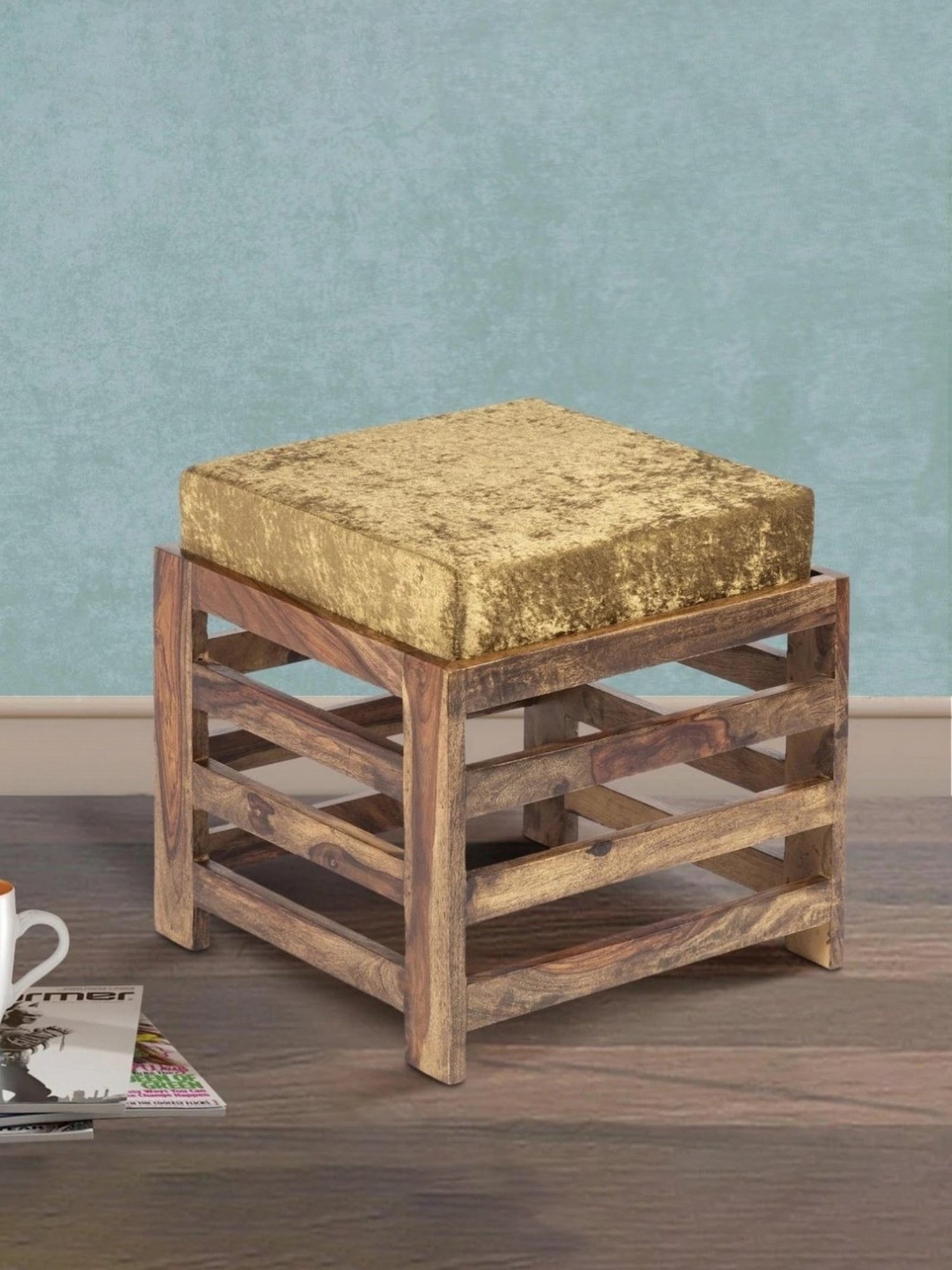 Ikiriya Houston Solid Brown & Green Sheesham Wood Stool Teak Finish