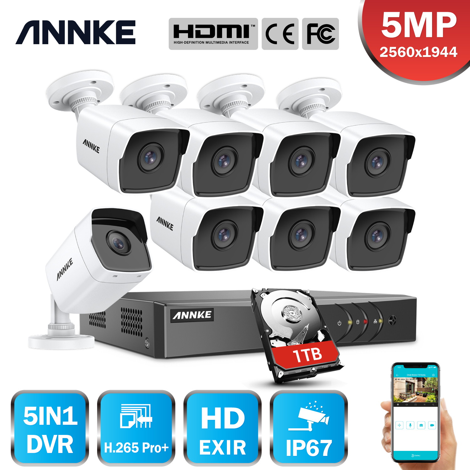 ANNKE 5MP Super HD Security Camera System with Expandable 8 Channel DVR 24/7 Record Without Internet-1TB