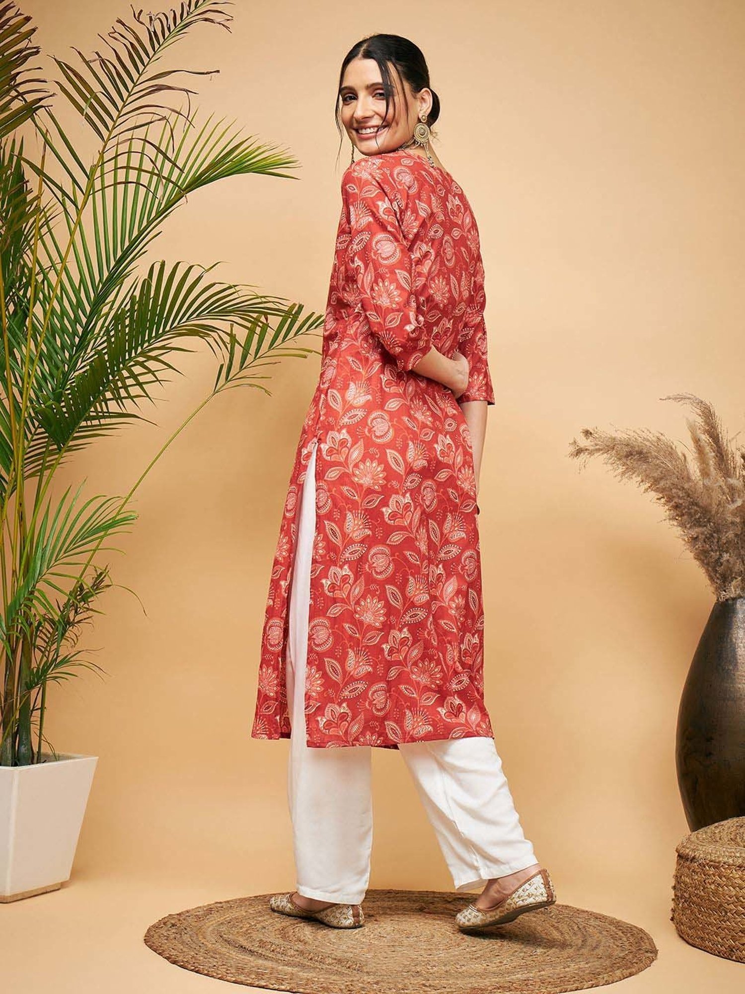 Inweave Red Cotton Floral Print Straight Kurta