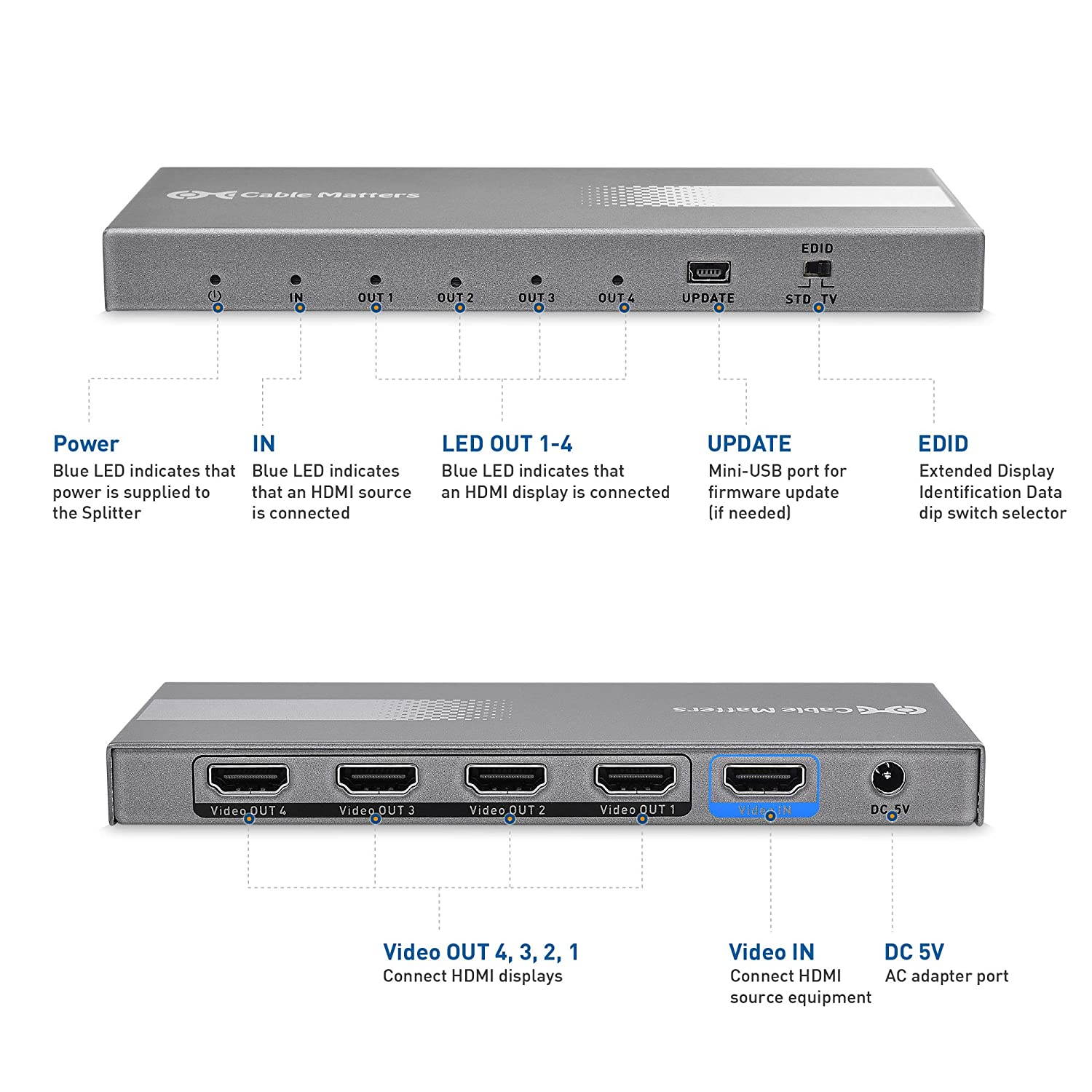 Cable Matters 4K 60Hz 4 Port HDMI Splitter 1 in 4 Out - Support 18Gbps HDMI 2.0 and HDR