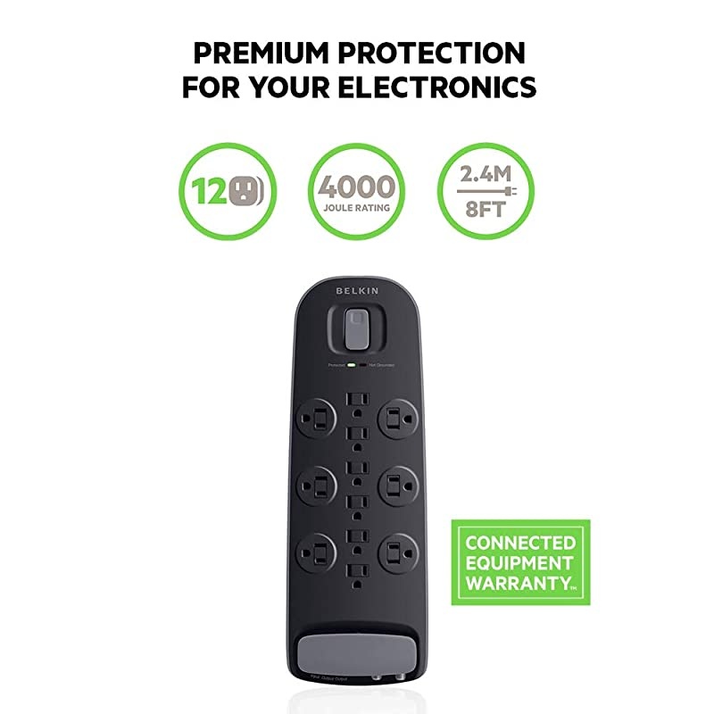 12Outlet Power Strip Surge Protector wFlat Plug 8ft Cord Ideal for Computers Home Theatre Appliances Office Equipment 4000 Joules