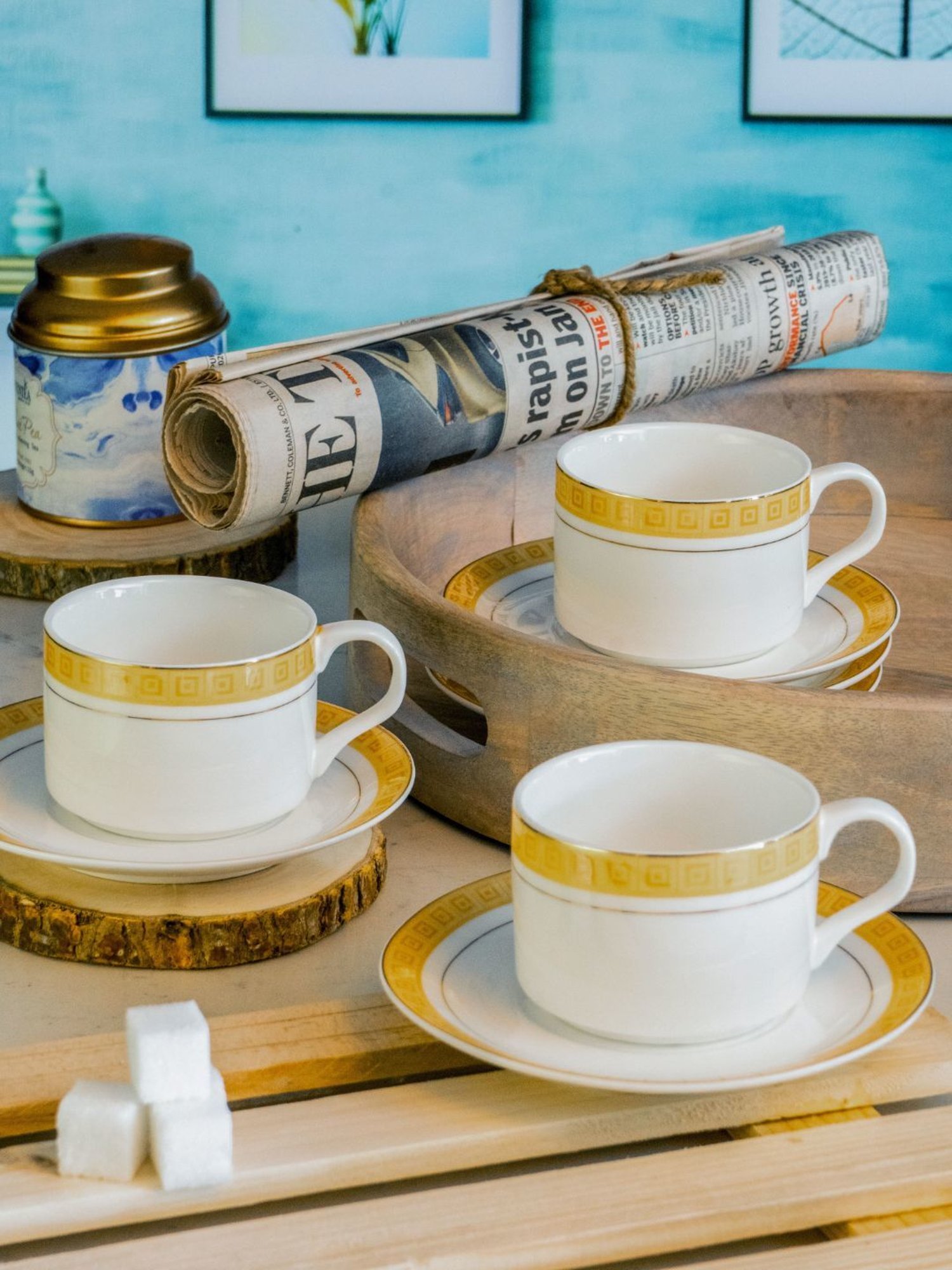 White Gold Printed White Porcelain Tea Cup & Saucer - Set of 6 (120ml)