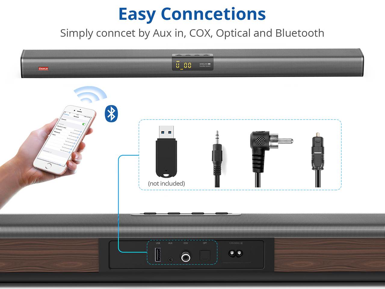 iDeaPlay Live1 Wireless Sound Bar Bluetooth Soundbar Built-in 4 Speakers with Dedicated Amplifiers 50W RMS