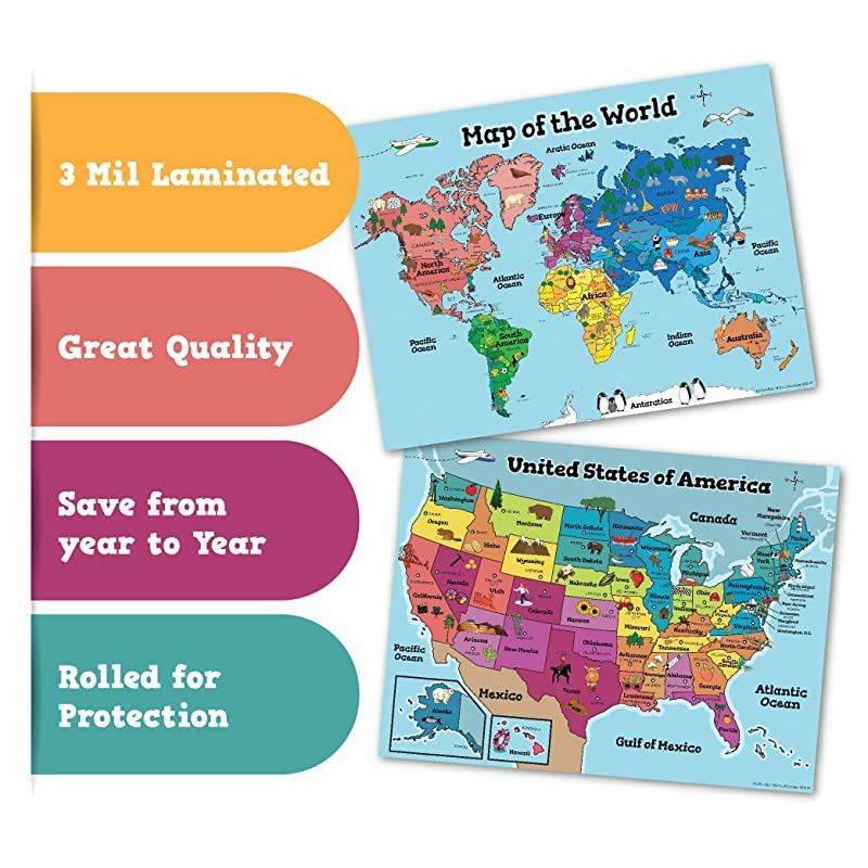 USA Wall Map amp Kids World Map for Kids Wall Laminated Maps for Kids 2 Classroom Posters Perfect for Map Art 18x24 Laminated 2 Wall Maps Included
