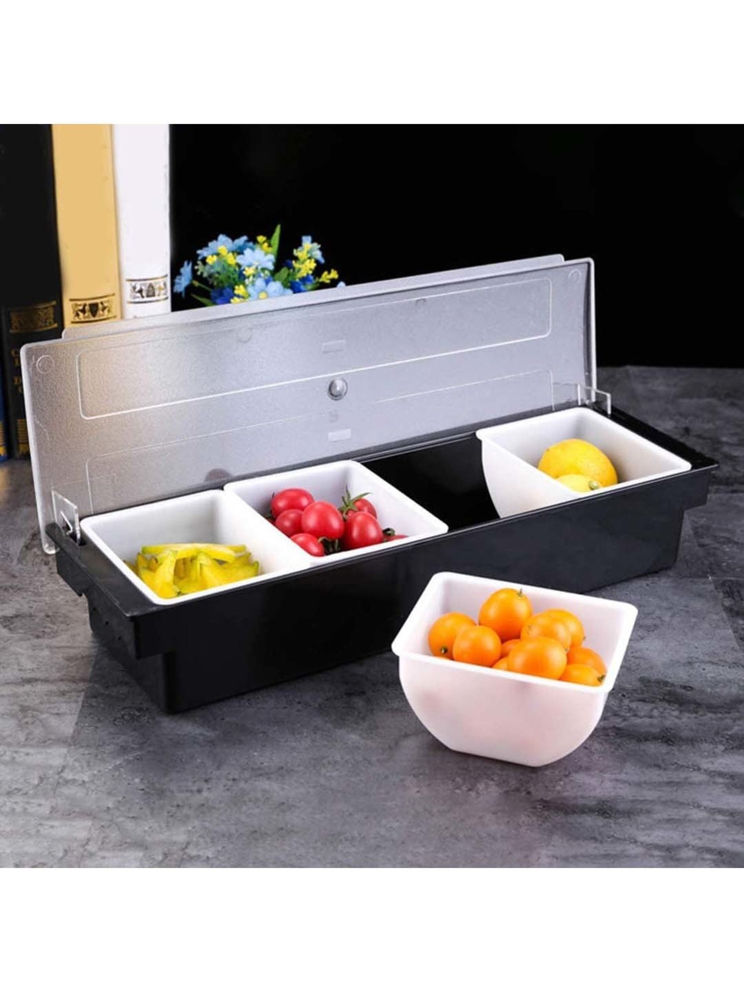 FnS Silver Stainless Steel Condiment Set With Lid And 4 Removable Compartment