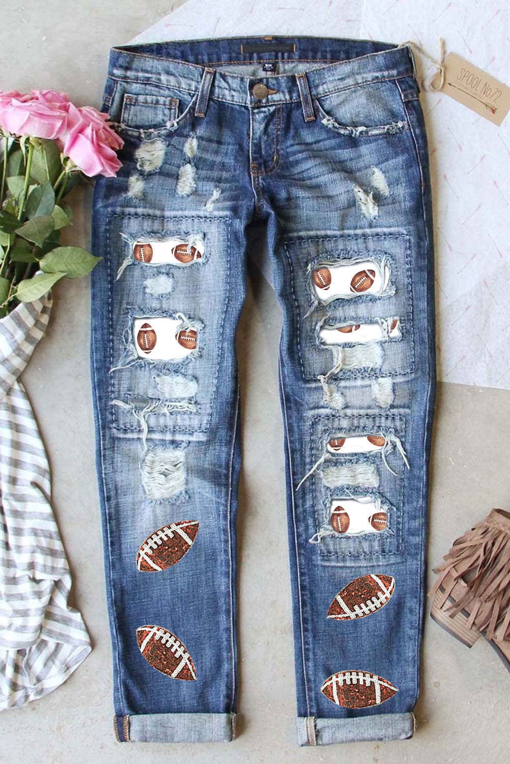 Blue Sunflower Print Ripped Mid Rise Straight Leg Graphic Jeans