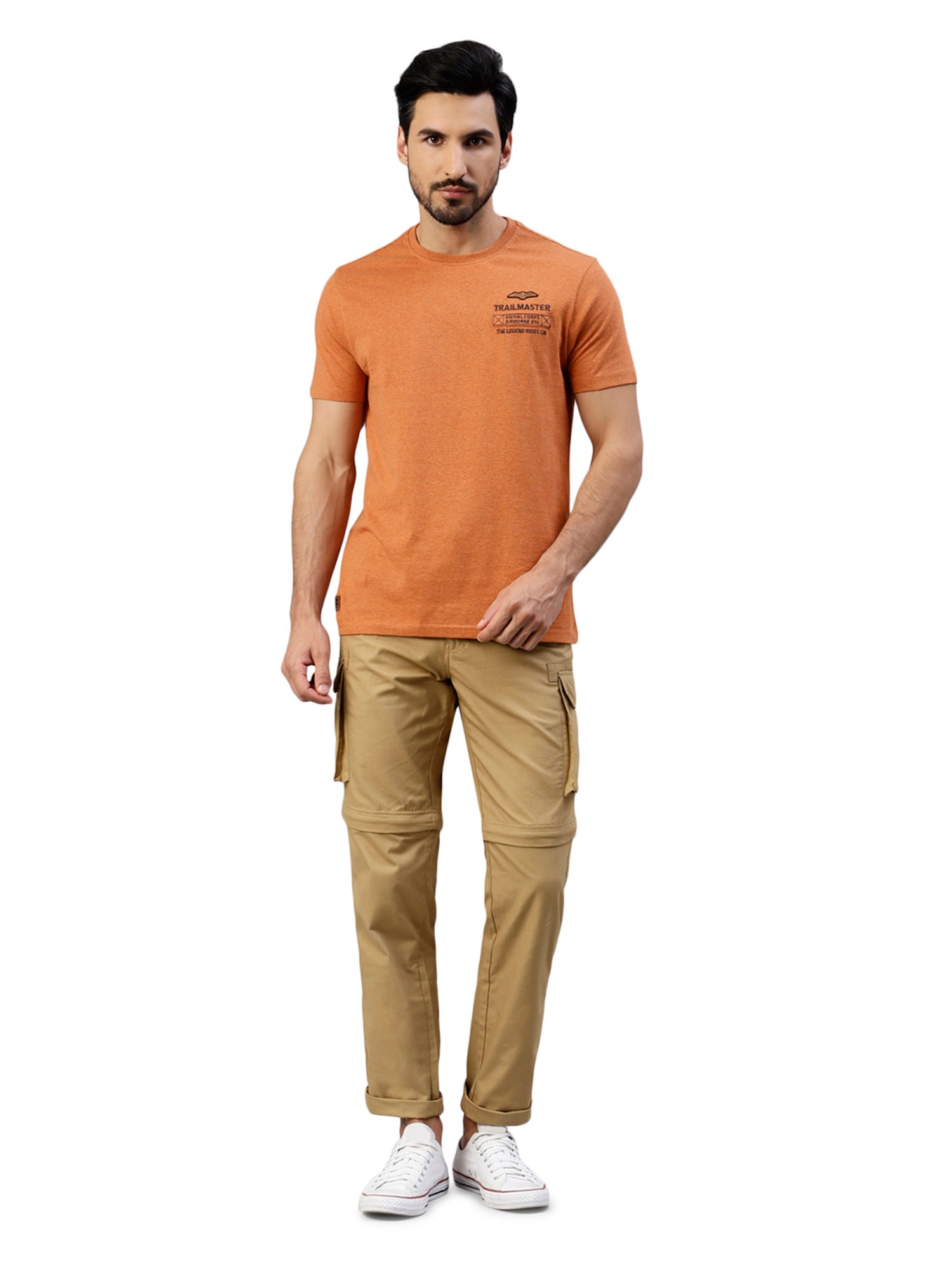 Royal Enfield Trail Master Orange Melange Regular Fit Printed Crew T-Shirt