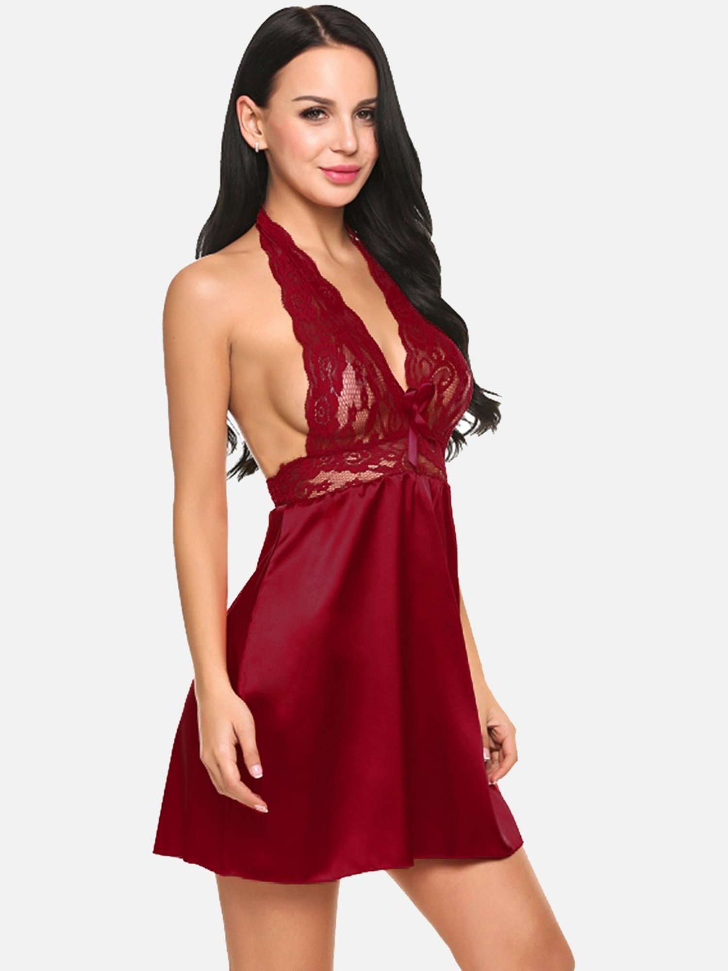 FIMS: Fashion is my Style Pink & Maroon Lace Work Babydoll With Thong